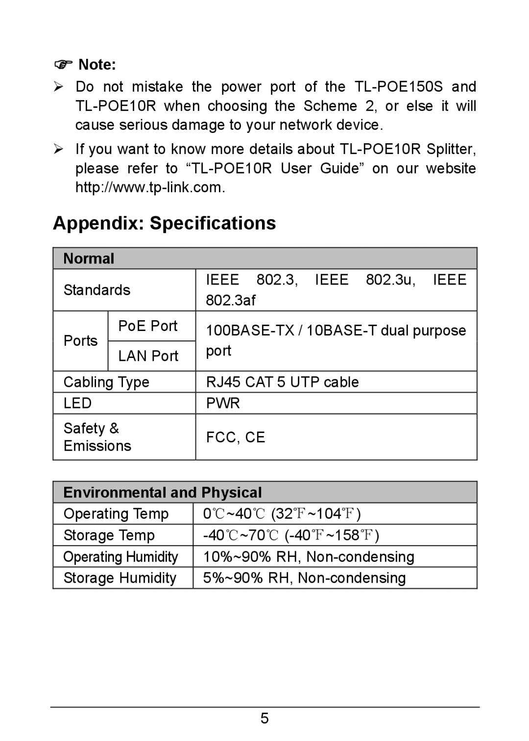 TP-Link TL-POE150S manual Appendix Specifications, Normal 