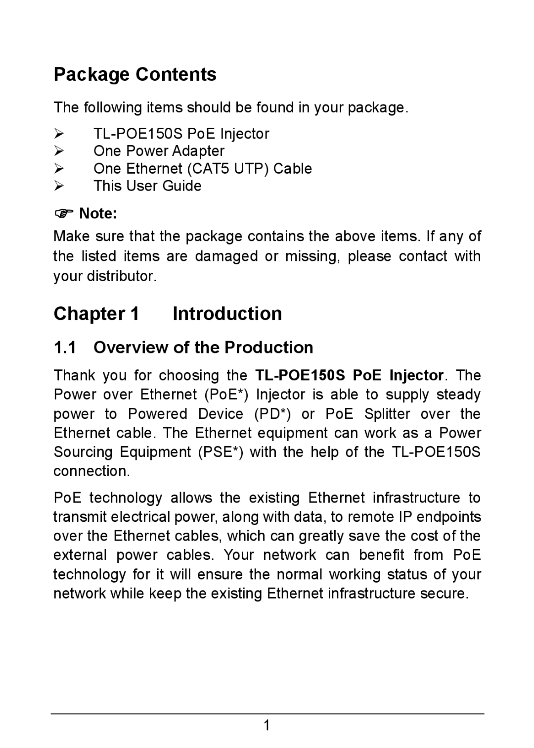 TP-Link TL-POE150S manual Package Contents, Chapter Introduction 