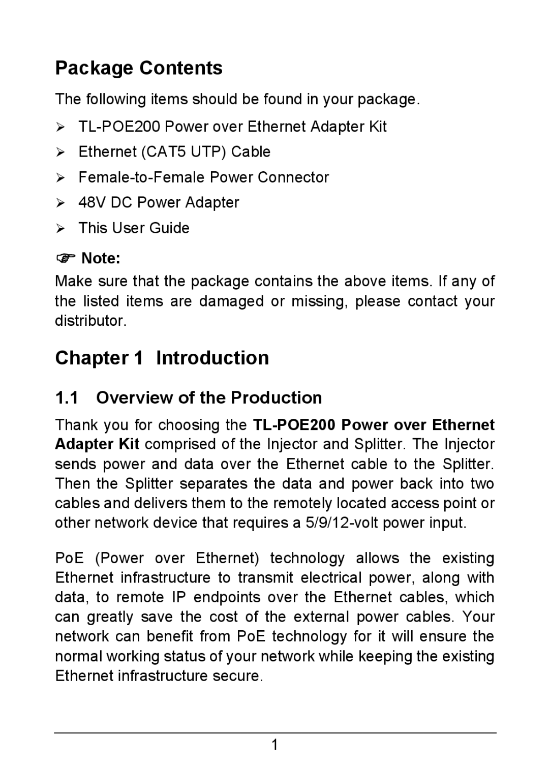 TP-Link TL-POE200 manual Package Contents, Introduction, Overview of the Production 