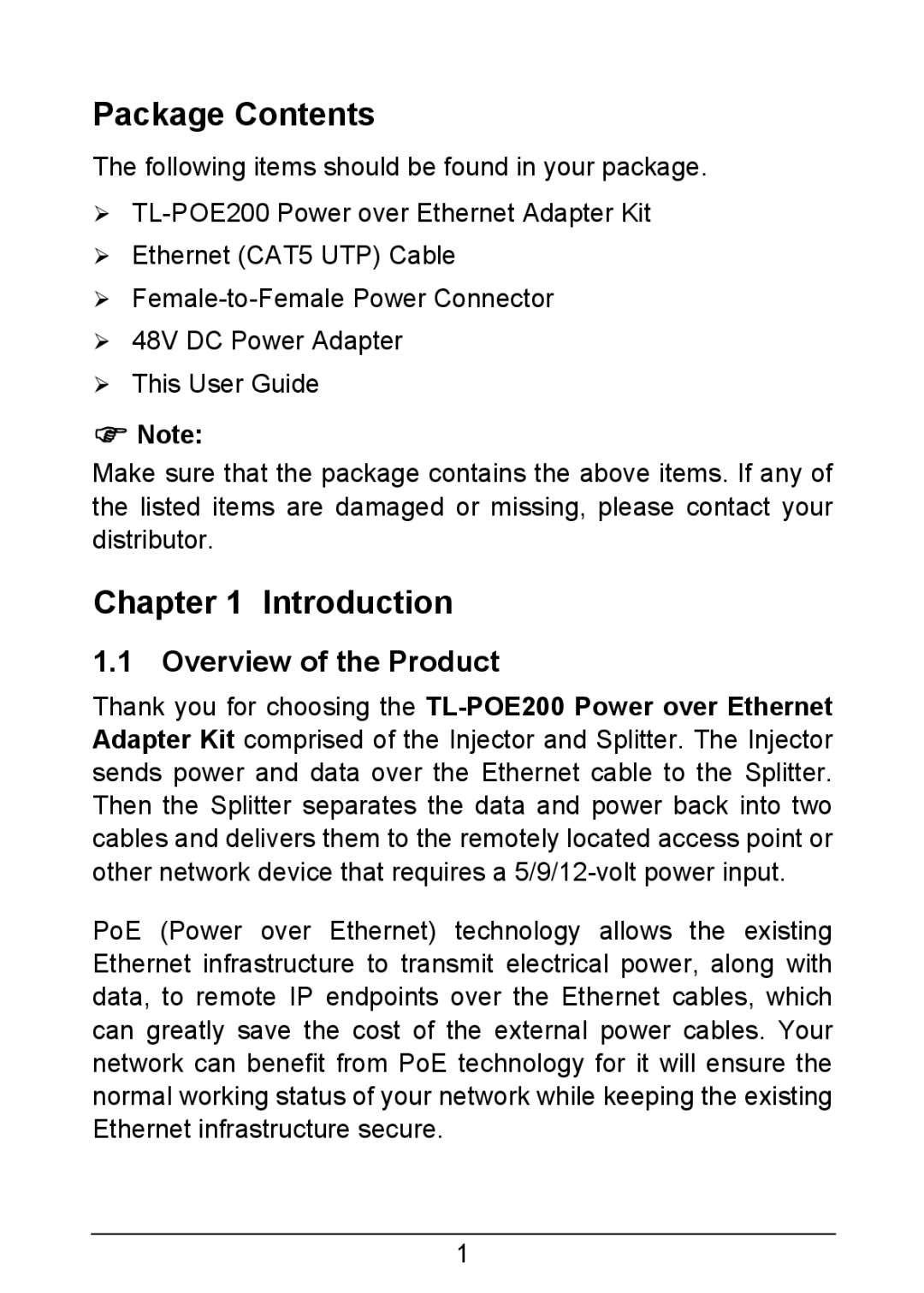 TP-Link TL-POE200 manual Package Contents, Introduction 