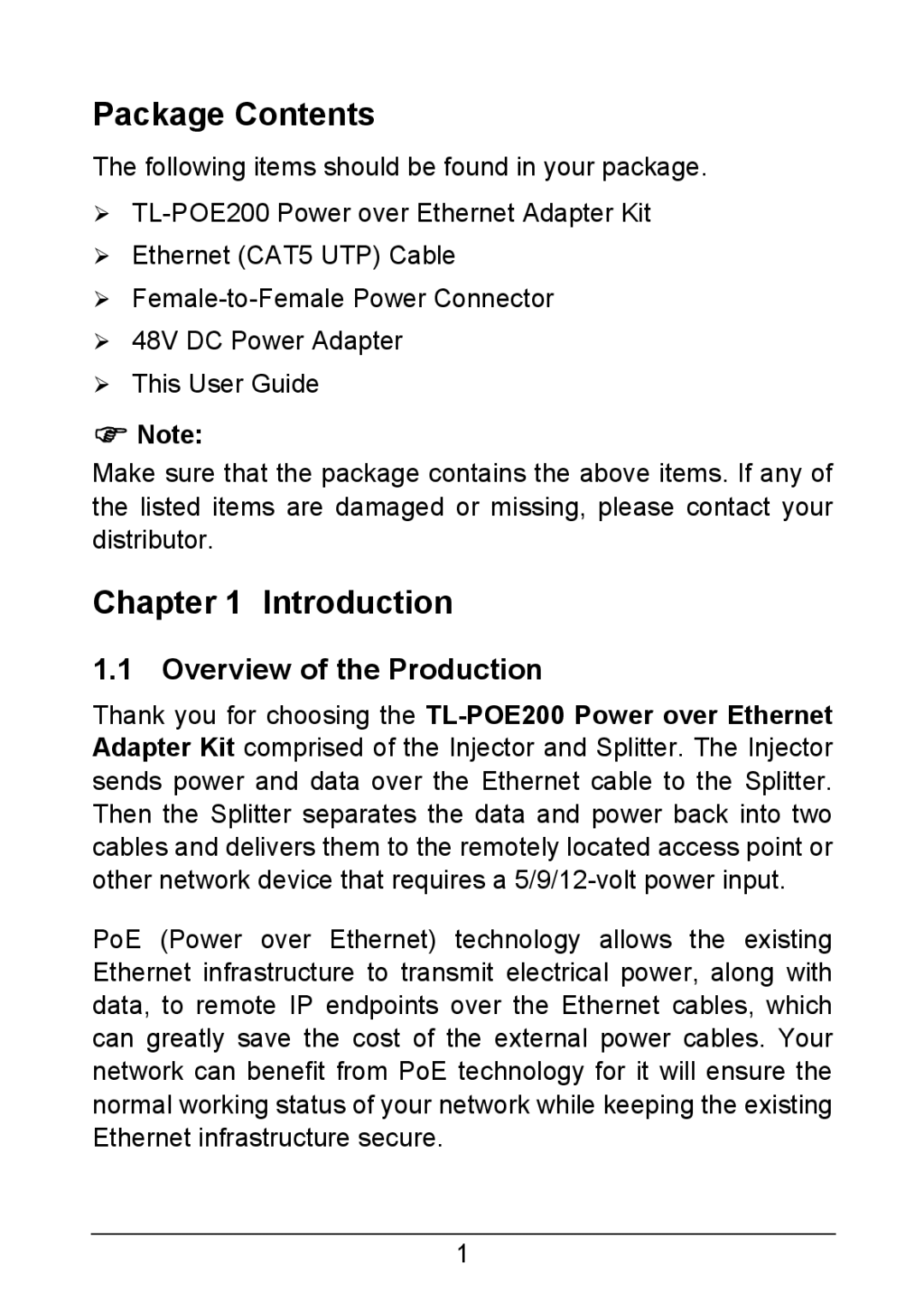 TP-Link TL-POE200 manual Package Contents, Introduction 