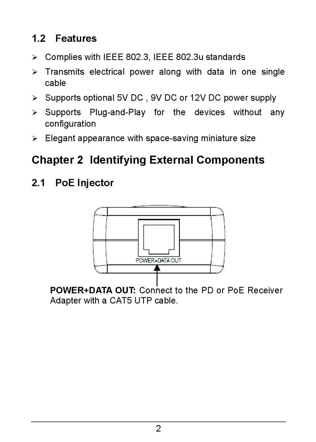 TP-Link TL-POE200 manual Identifying External Components, Features, PoE Injector 