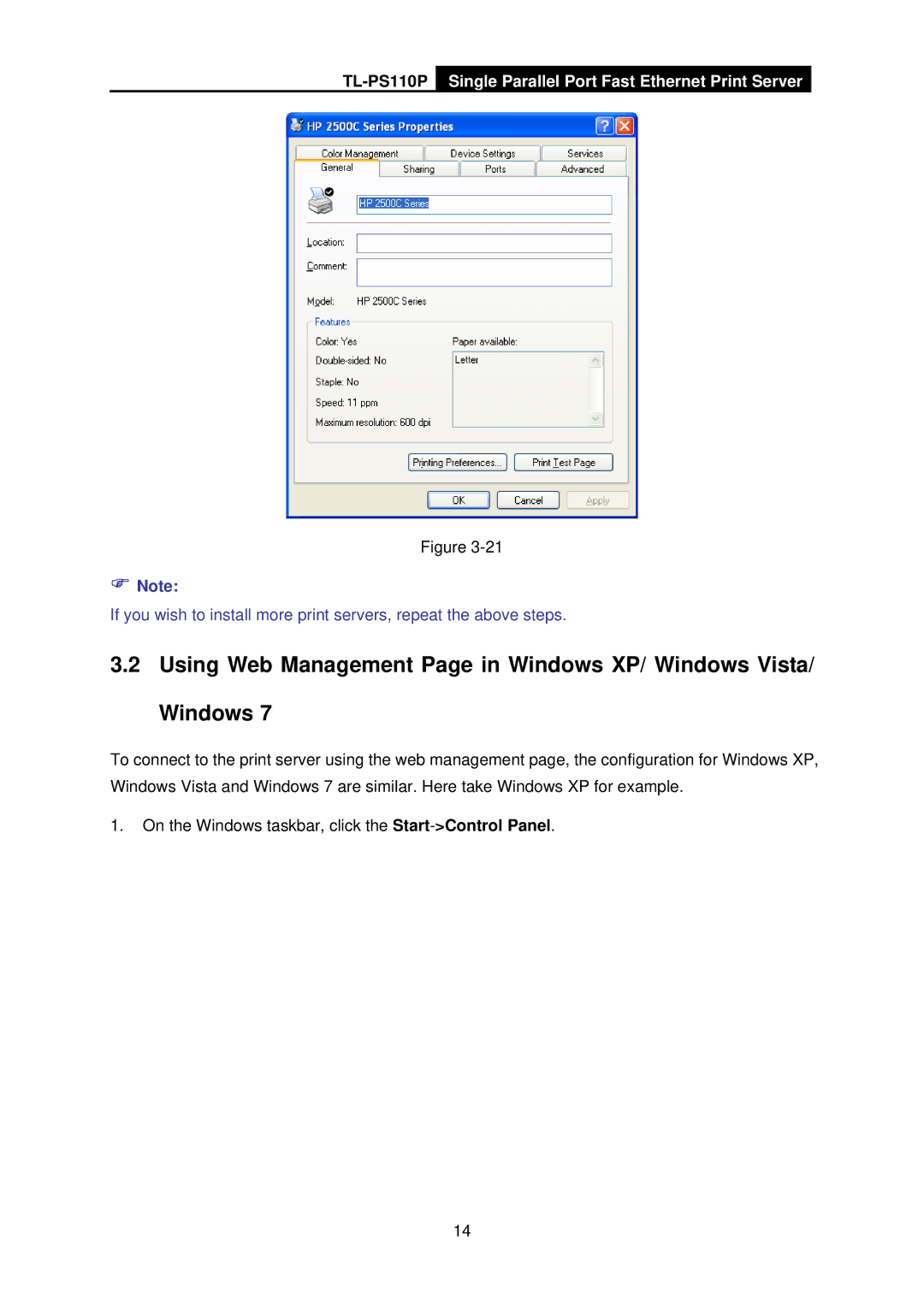 TP-Link TL-PS110P manual Using Web Management Page in Windows XP/ Windows Vista 