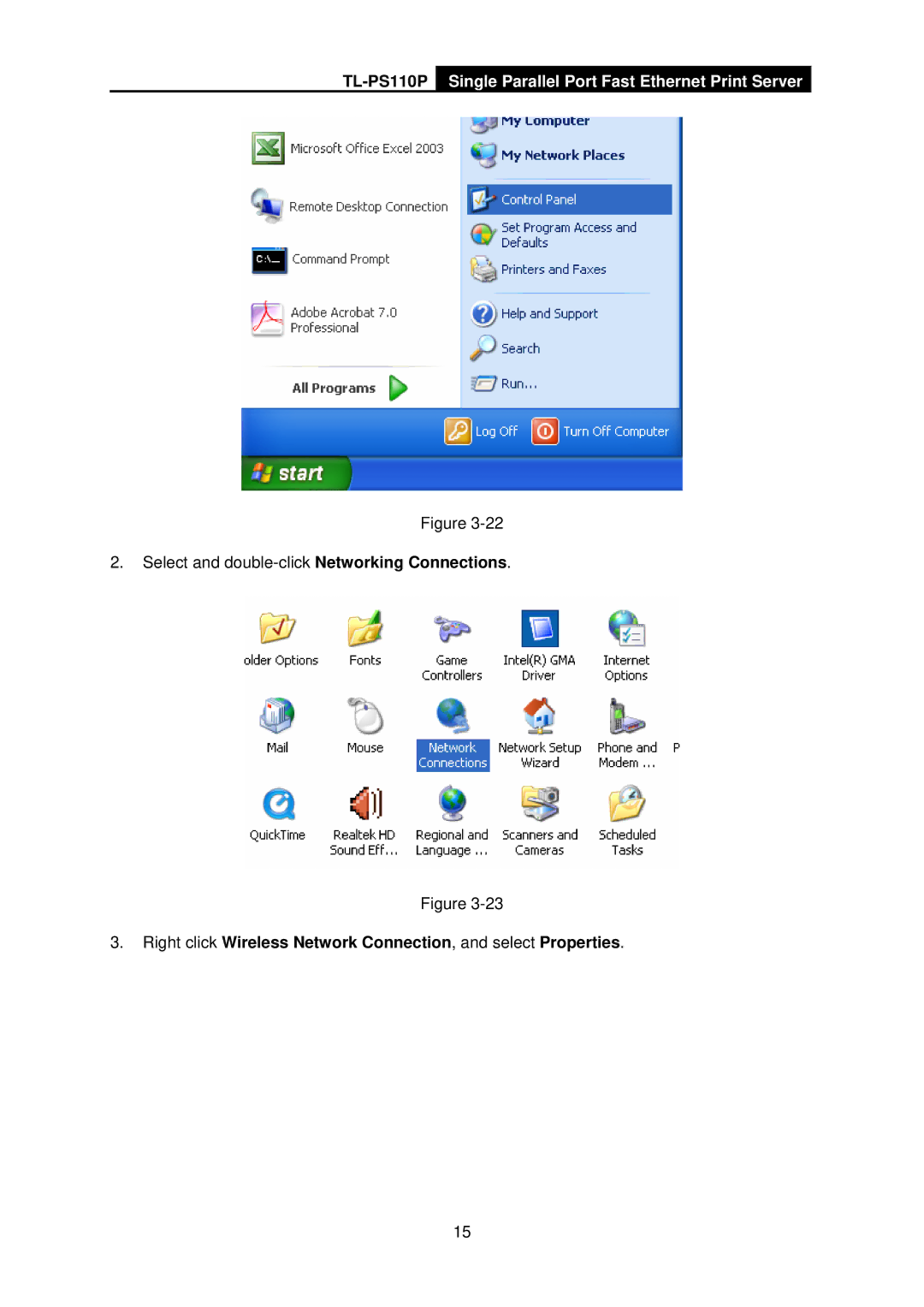 TP-Link TL-PS110P manual Select and double-click Networking Connections 