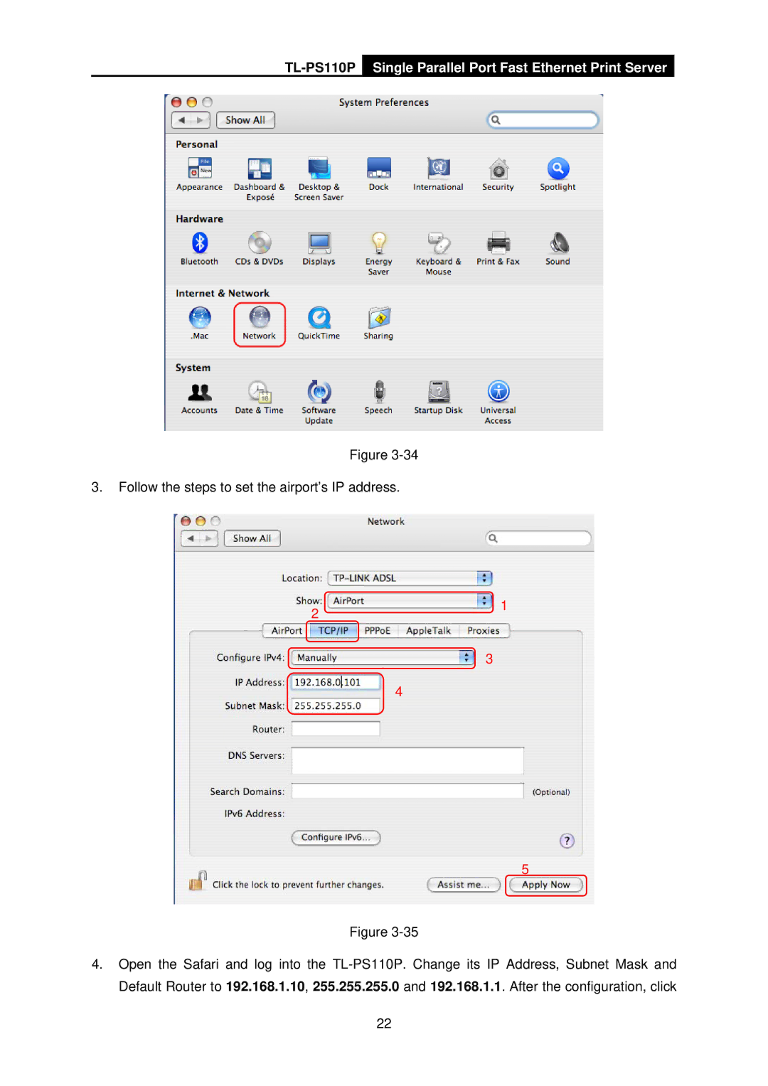 TP-Link TL-PS110P manual Follow the steps to set the airport’s IP address 