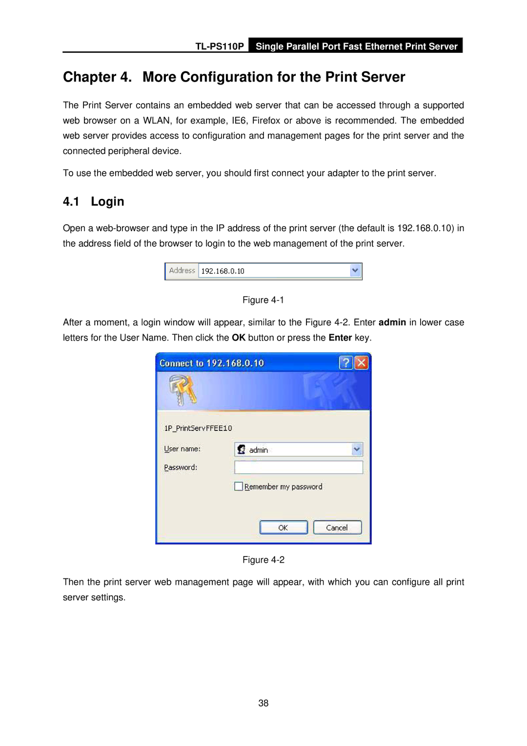 TP-Link TL-PS110P manual More Configuration for the Print Server, Login 