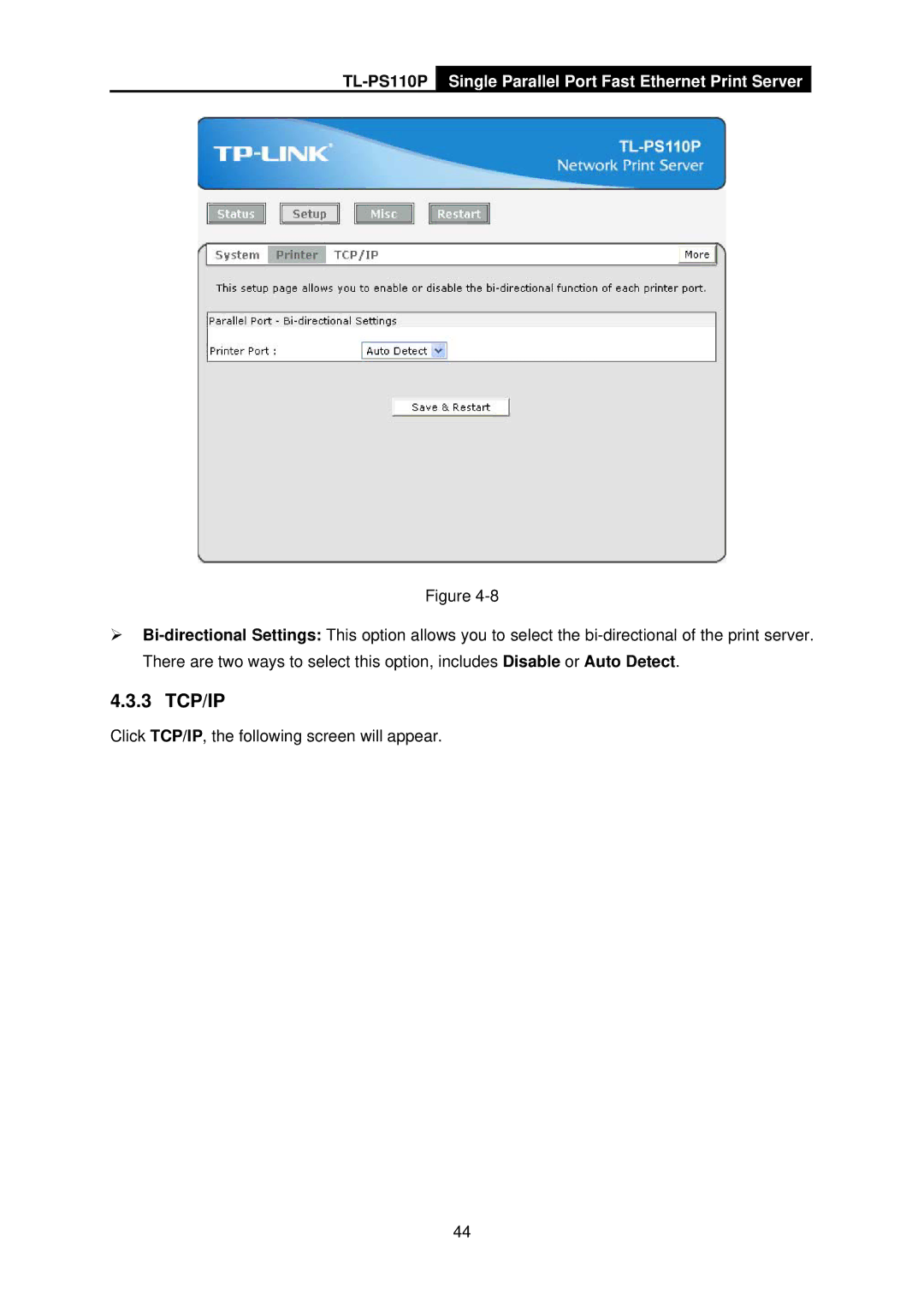 TP-Link TL-PS110P manual Click TCP/IP, the following screen will appear 