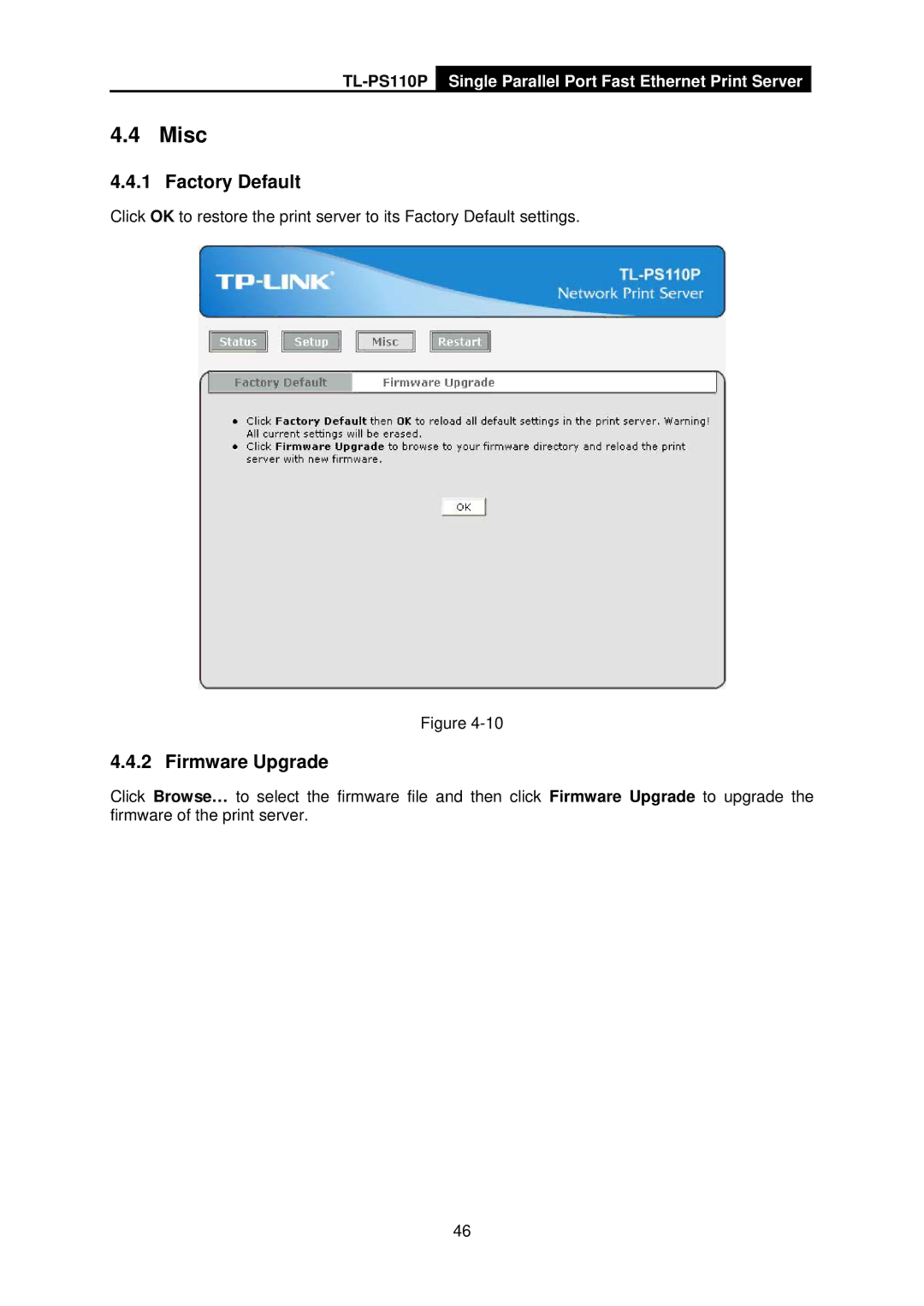 TP-Link TL-PS110P manual Misc, Factory Default, Firmware Upgrade 