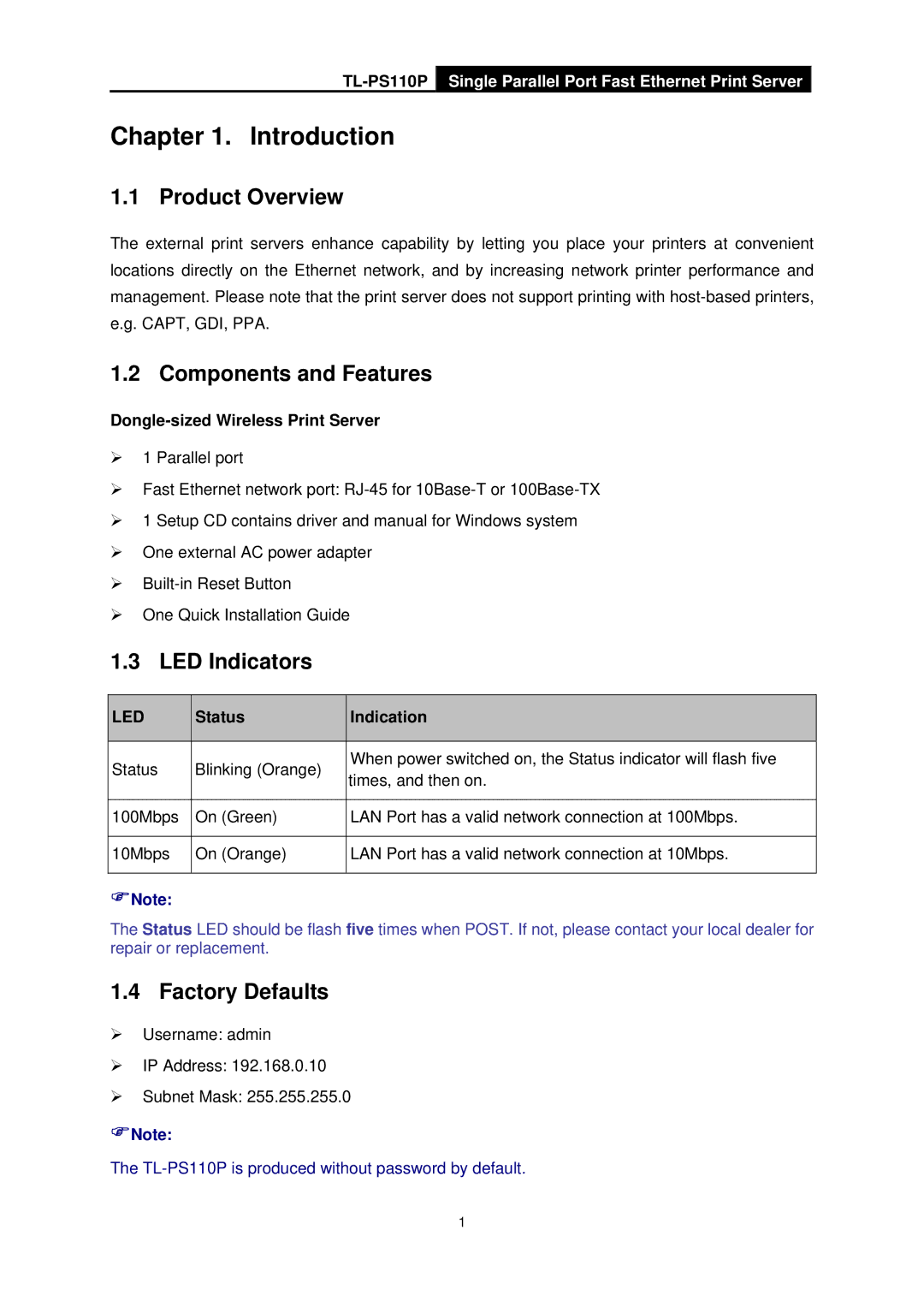 TP-Link TL-PS110P manual Introduction, Product Overview, Components and Features, LED Indicators, Factory Defaults 