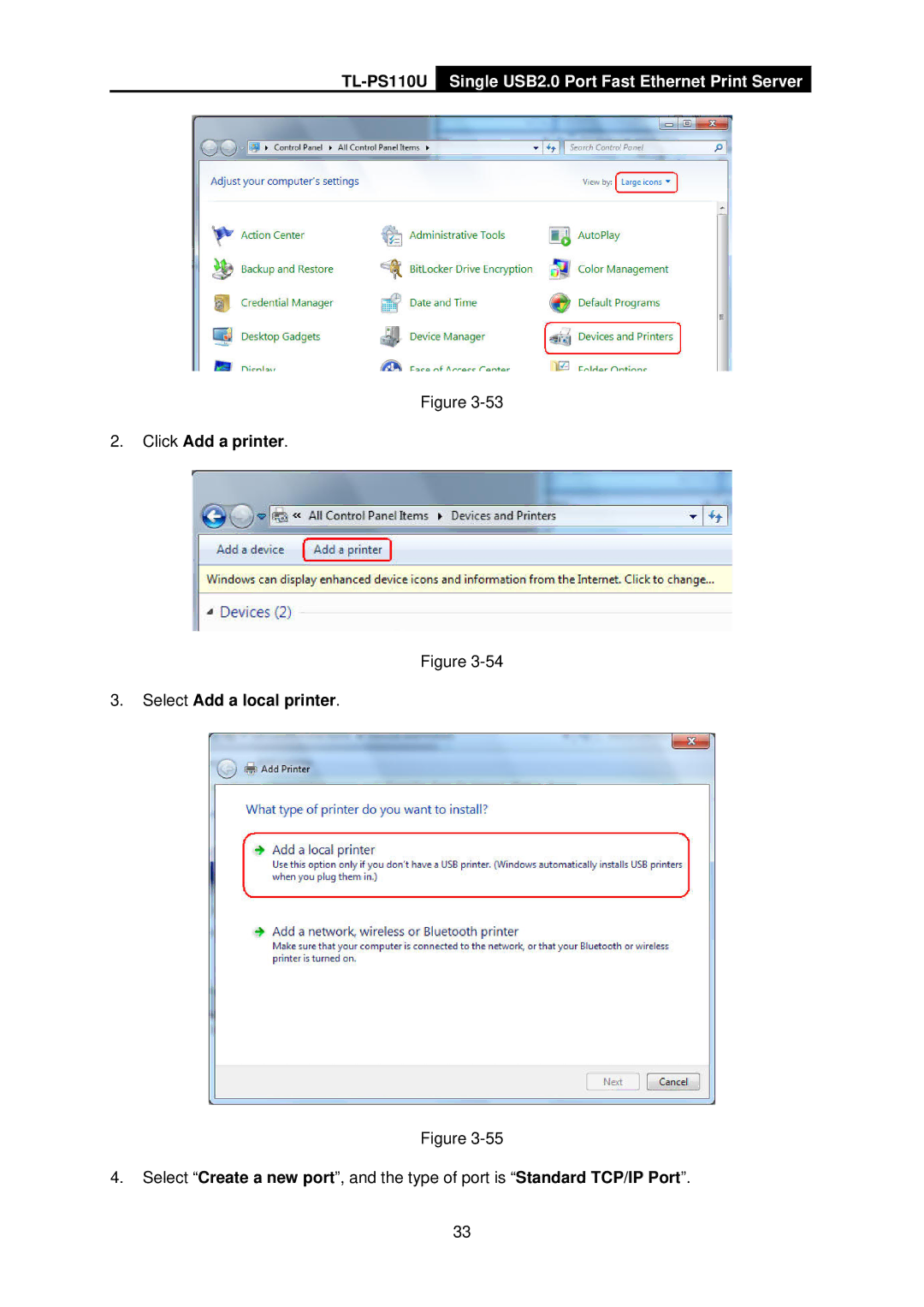 TP-Link TL-PS110U manual Click Add a printer Select Add a local printer 