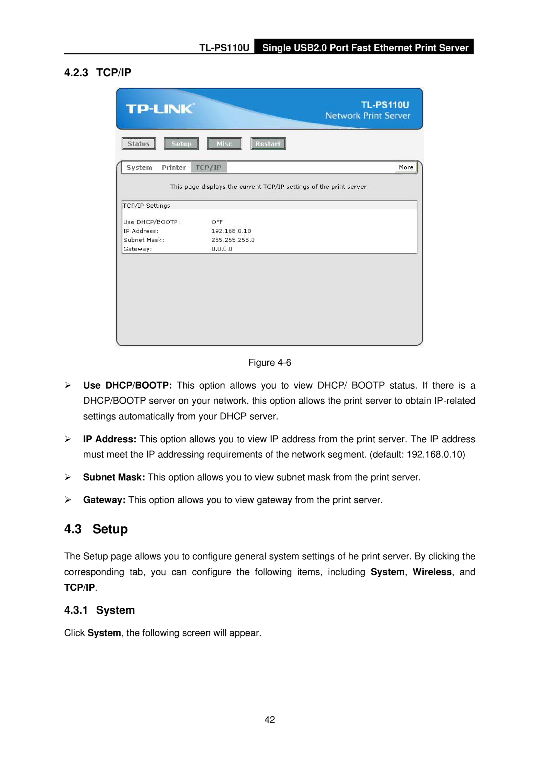 TP-Link TL-PS110U manual Setup, 3 TCP/IP 