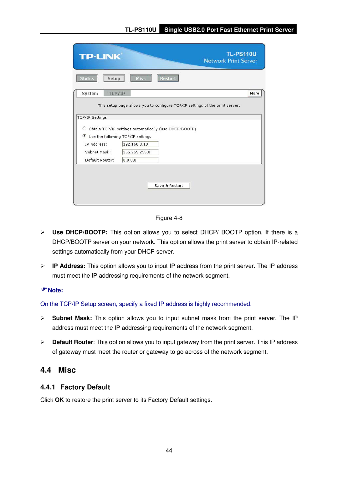 TP-Link TL-PS110U manual Misc, Factory Default 