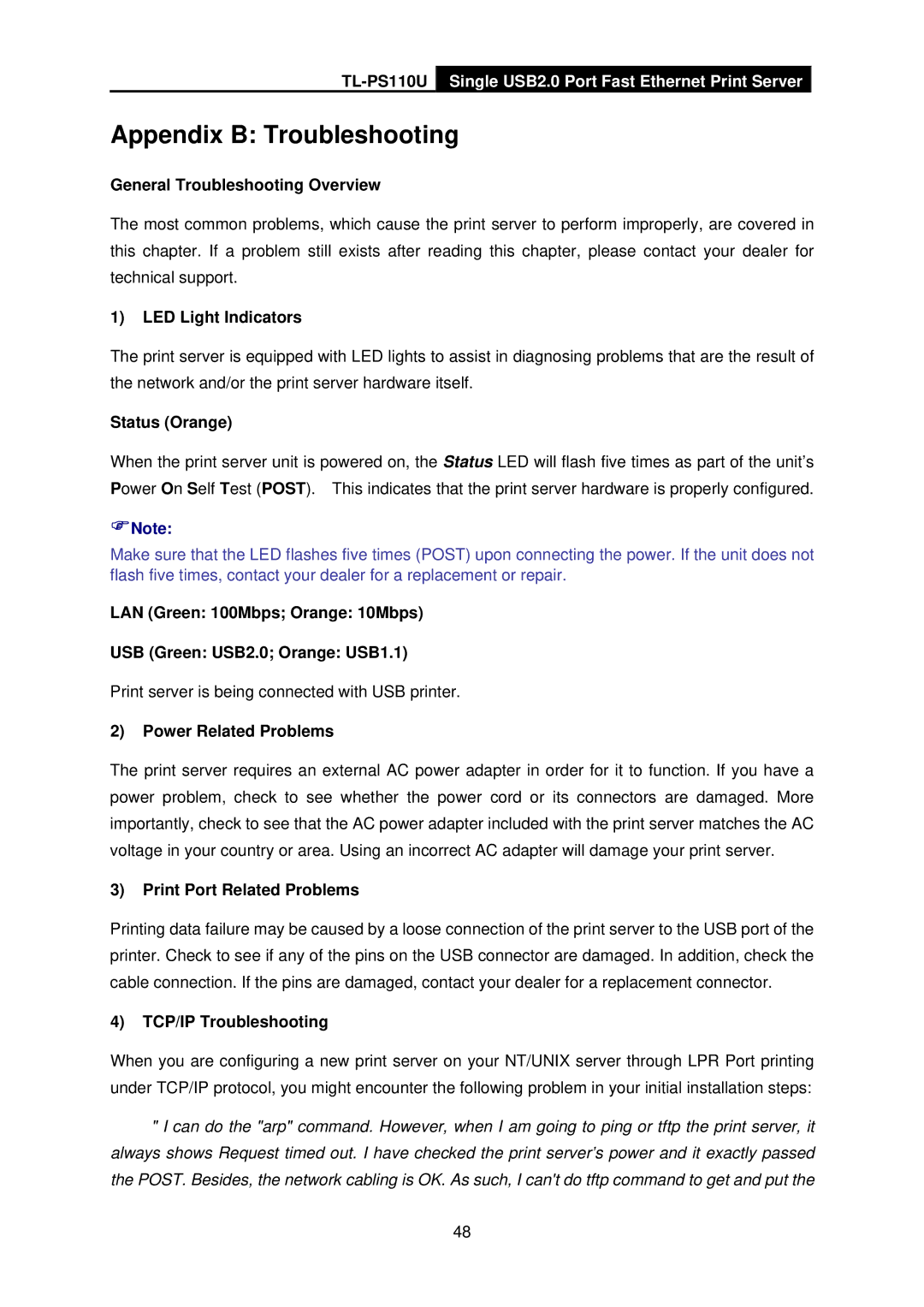 TP-Link TL-PS110U manual Appendix B Troubleshooting, General Troubleshooting Overview 