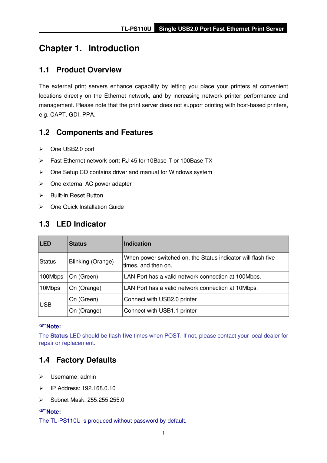 TP-Link TL-PS110U manual Introduction, Product Overview, Components and Features, LED Indicator, Factory Defaults 