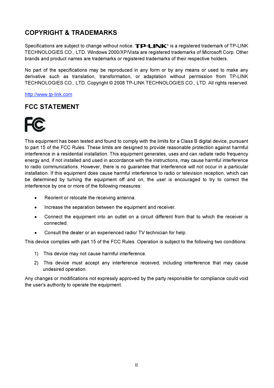 TP-Link TL-PS310U manual Copyright & Trademarks, Fcc Statement 