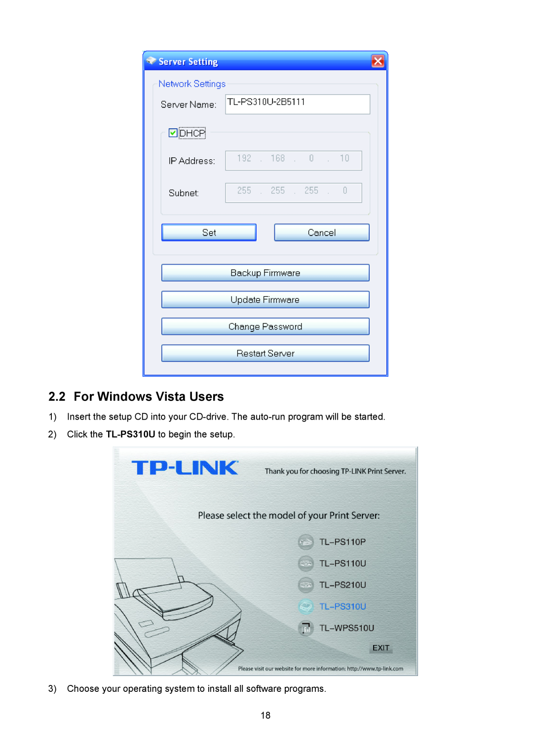 TP-Link manual For Windows Vista Users, Click the TL-PS310U to begin the setup 
