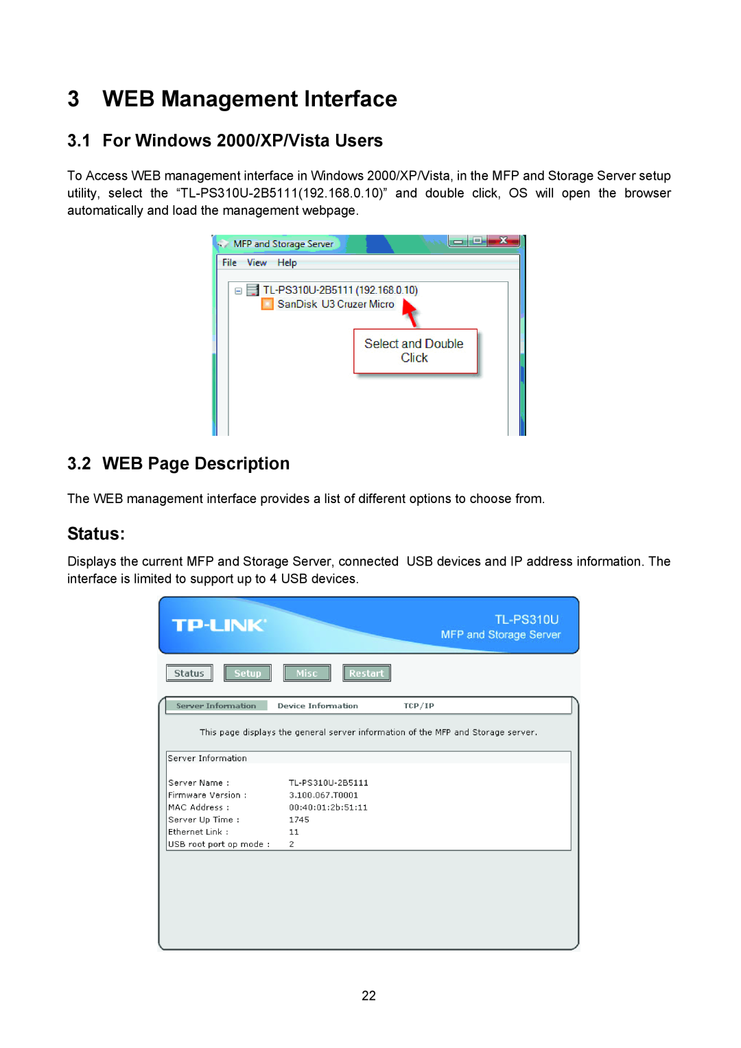 TP-Link TL-PS310U manual WEB Management Interface, For Windows 2000/XP/Vista Users, WEB Page Description, Status 