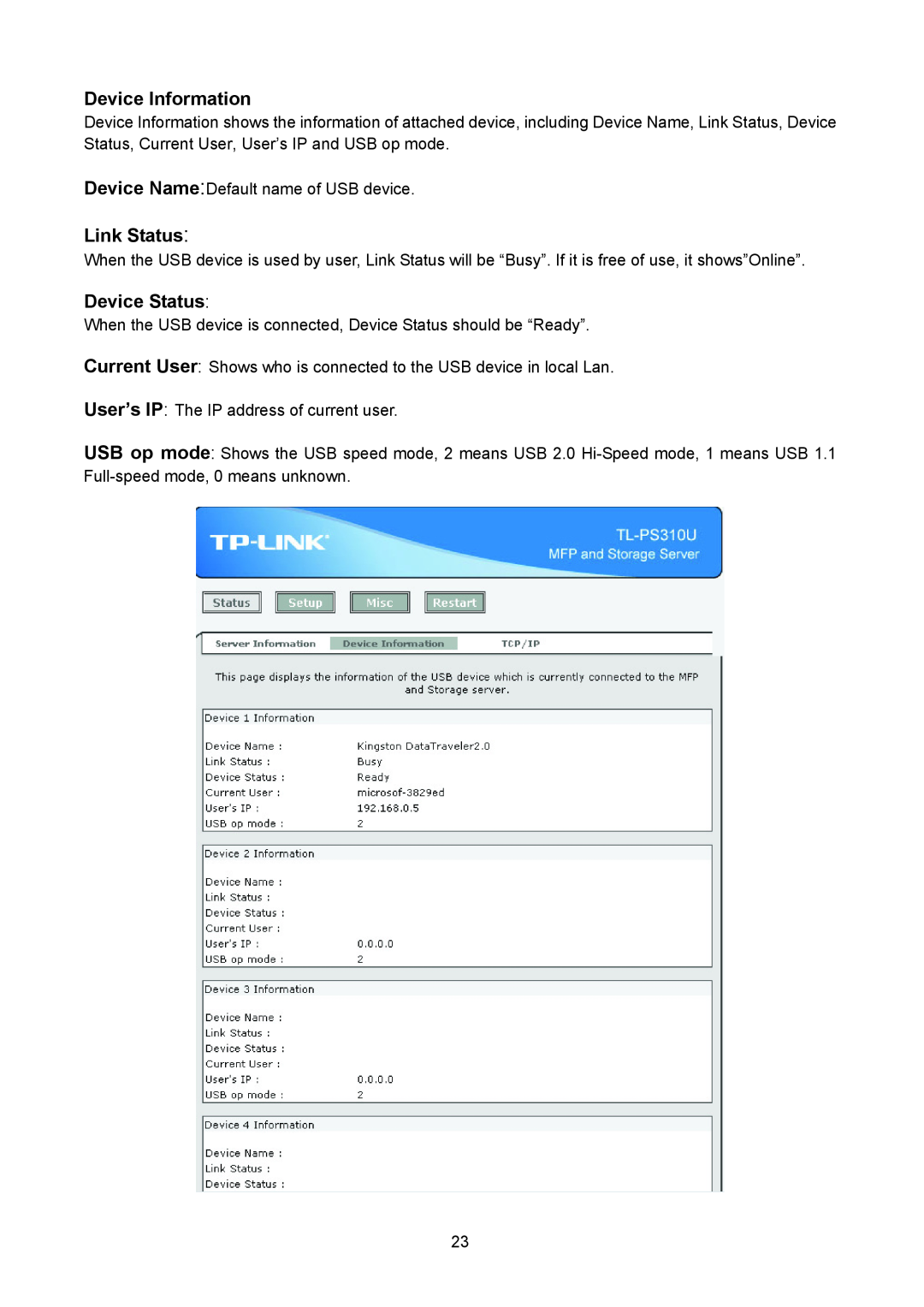 TP-Link TL-PS310U manual Device Information, Link Status, Device Status 