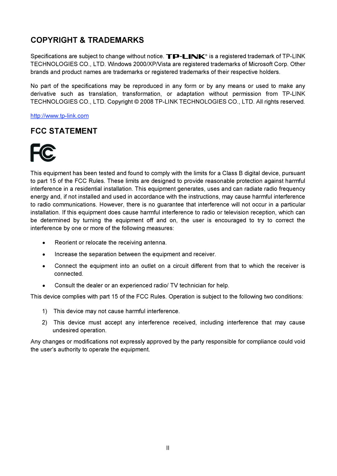 TP-Link TL-PS310U manual Copyright & Trademarks FCC Statement 