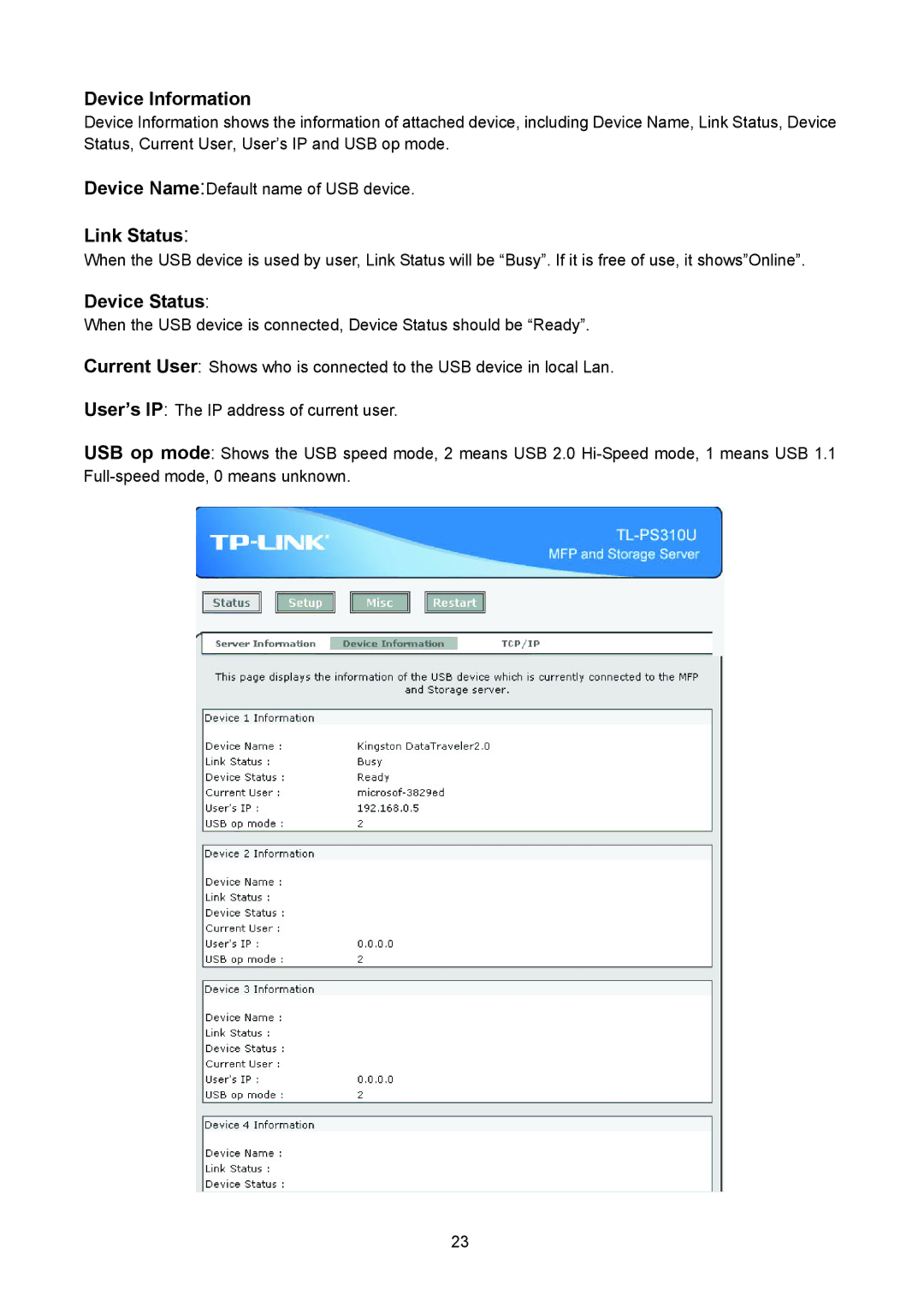 TP-Link TL-PS310U manual Device Information, Link Status, Device Status 