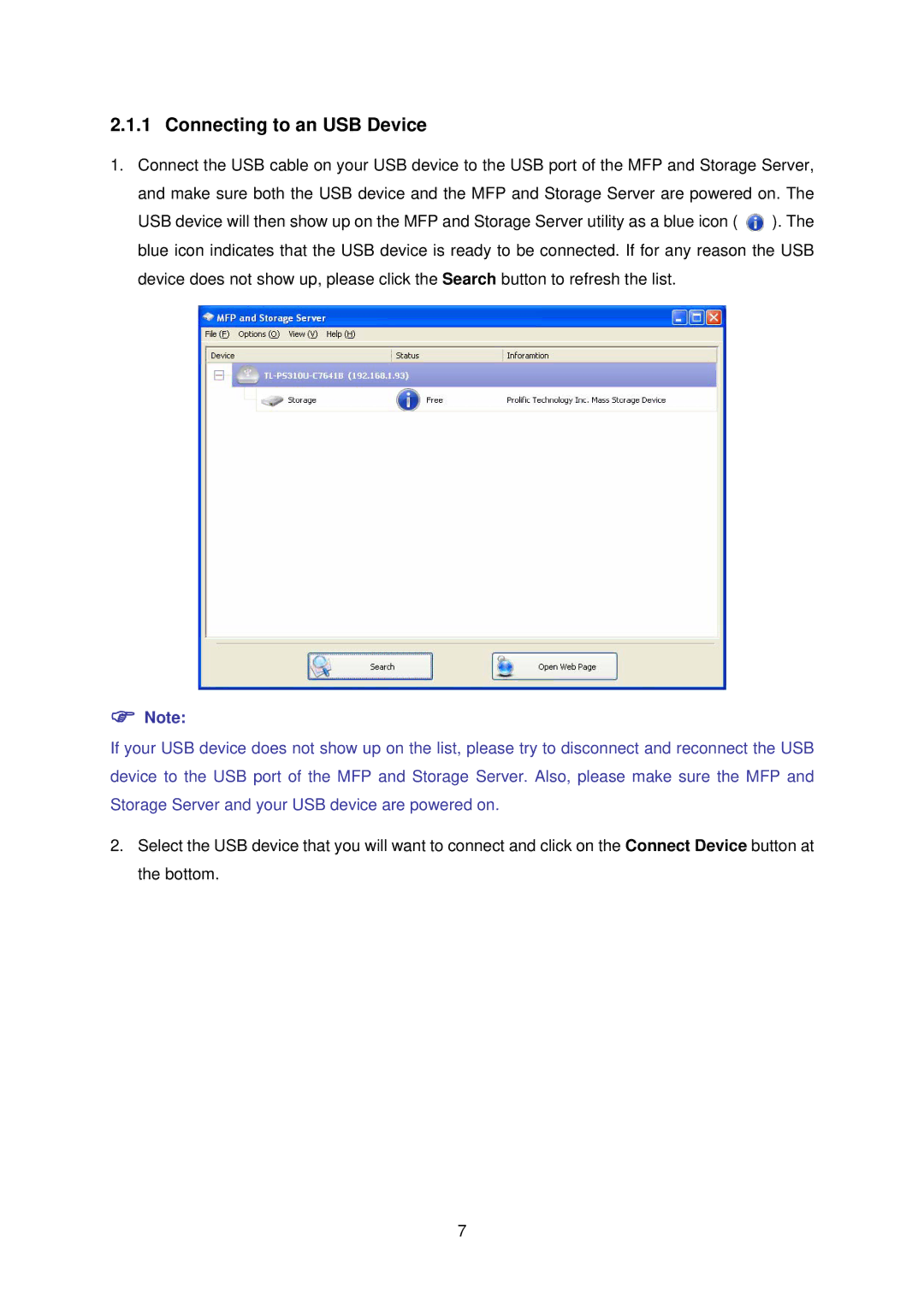 TP-Link TL-PS310U manual Connecting to an USB Device 