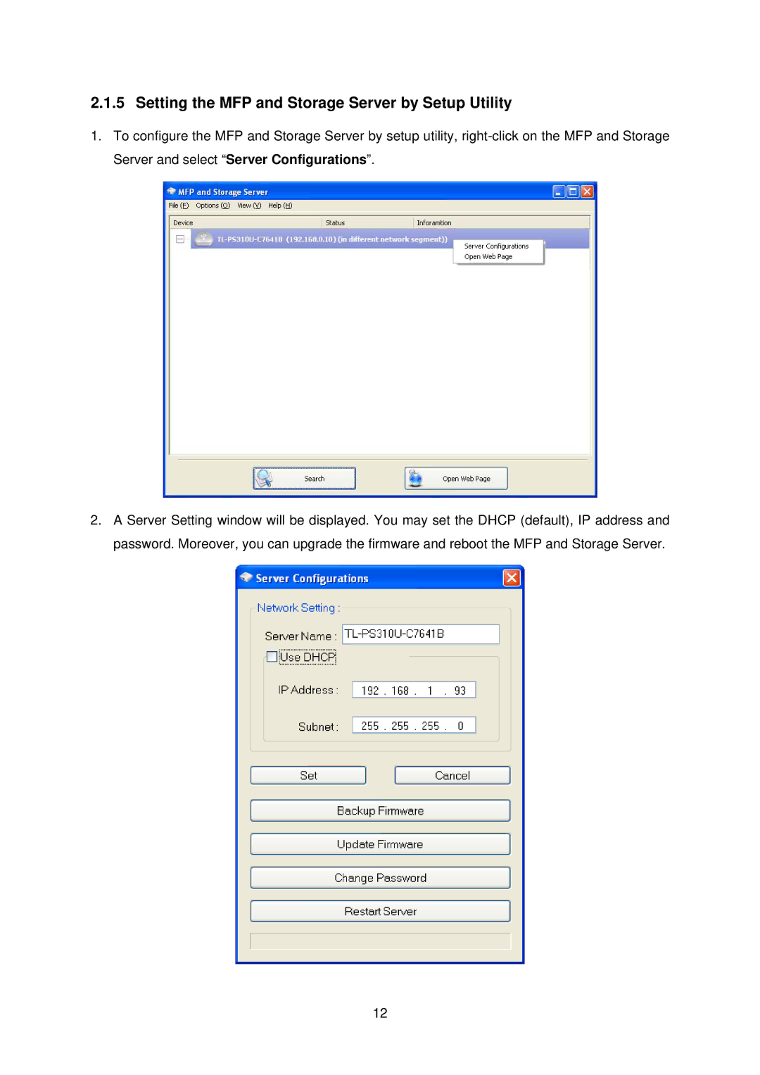 TP-Link TL-PS310U manual Setting the MFP and Storage Server by Setup Utility 