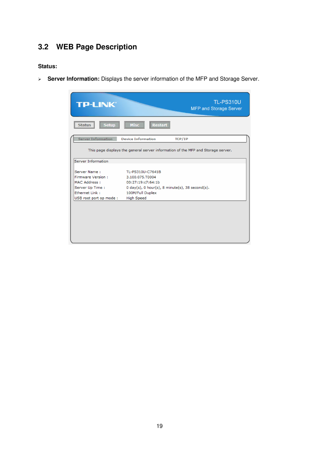 TP-Link TL-PS310U manual WEB Page Description, Status 