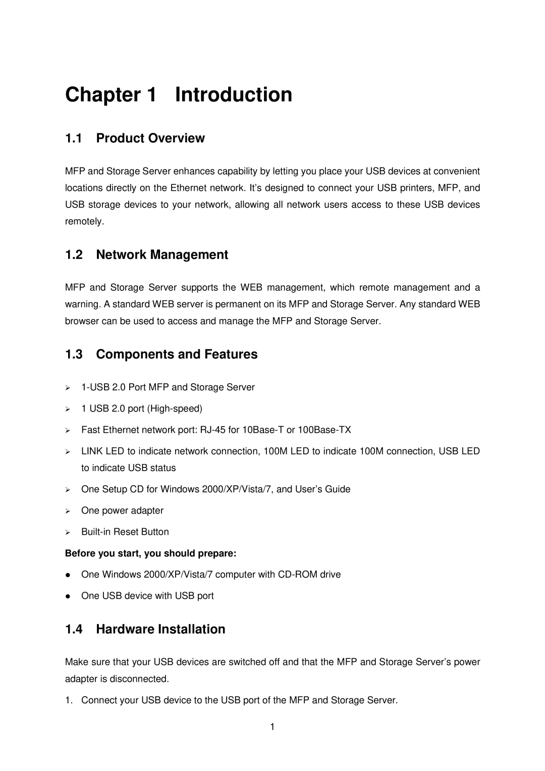 TP-Link TL-PS310U manual Introduction, Product Overview, Network Management, Components and Features, Hardware Installation 