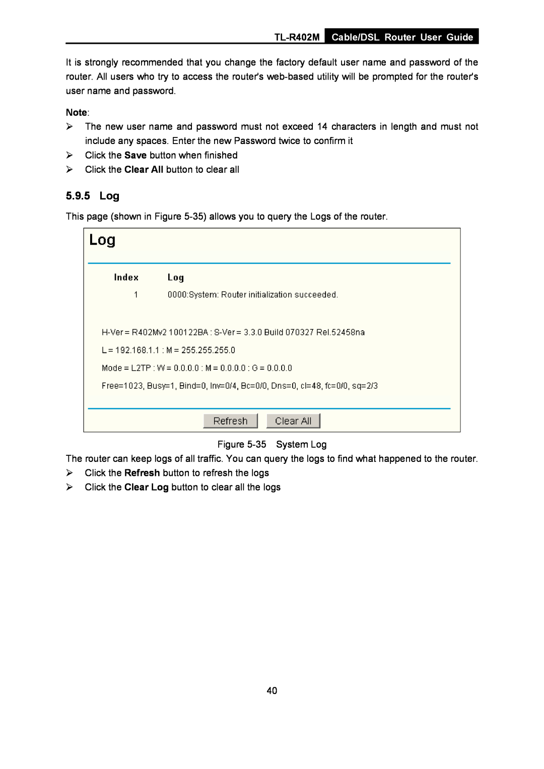 TP-Link manual 5.9.5 Log, TL-R402M Cable/DSL Router User Guide 