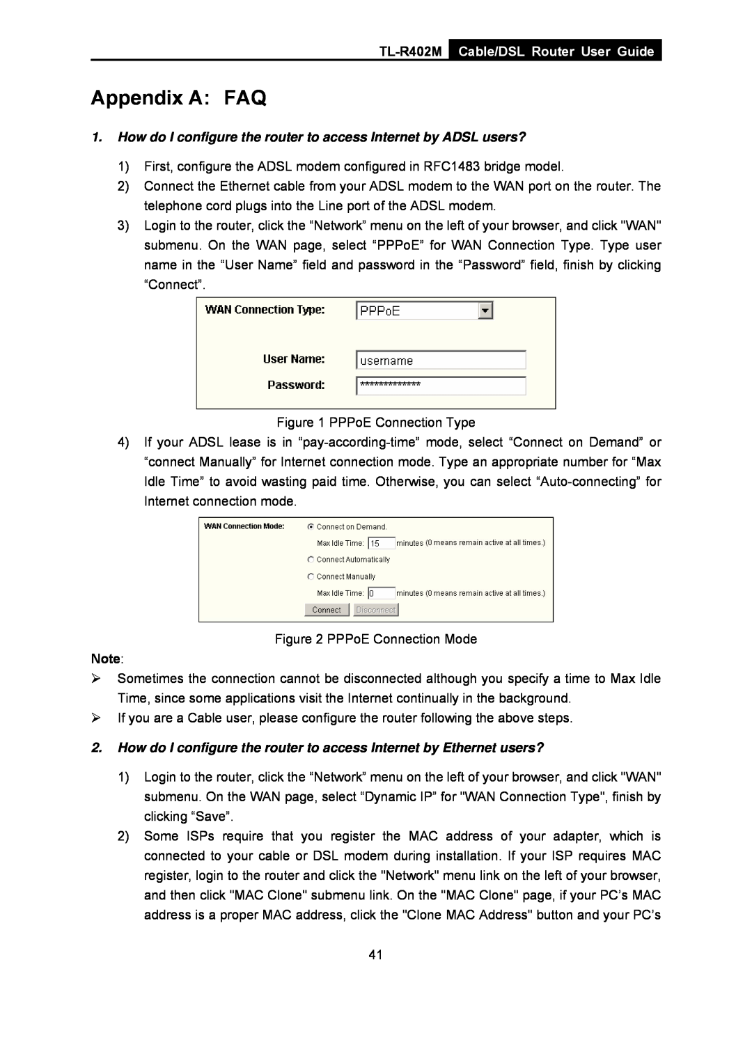 TP-Link manual Appendix A FAQ, TL-R402M Cable/DSL Router User Guide 