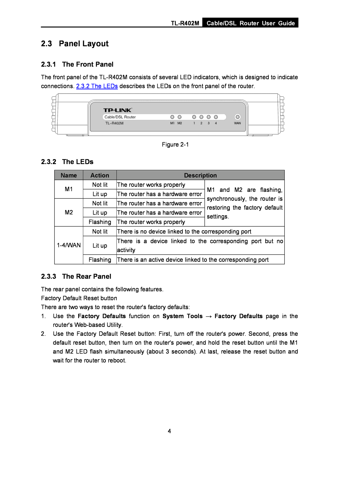 TP-Link manual Panel Layout, TL-R402M Cable/DSL Router User Guide, Name, Action, Description 