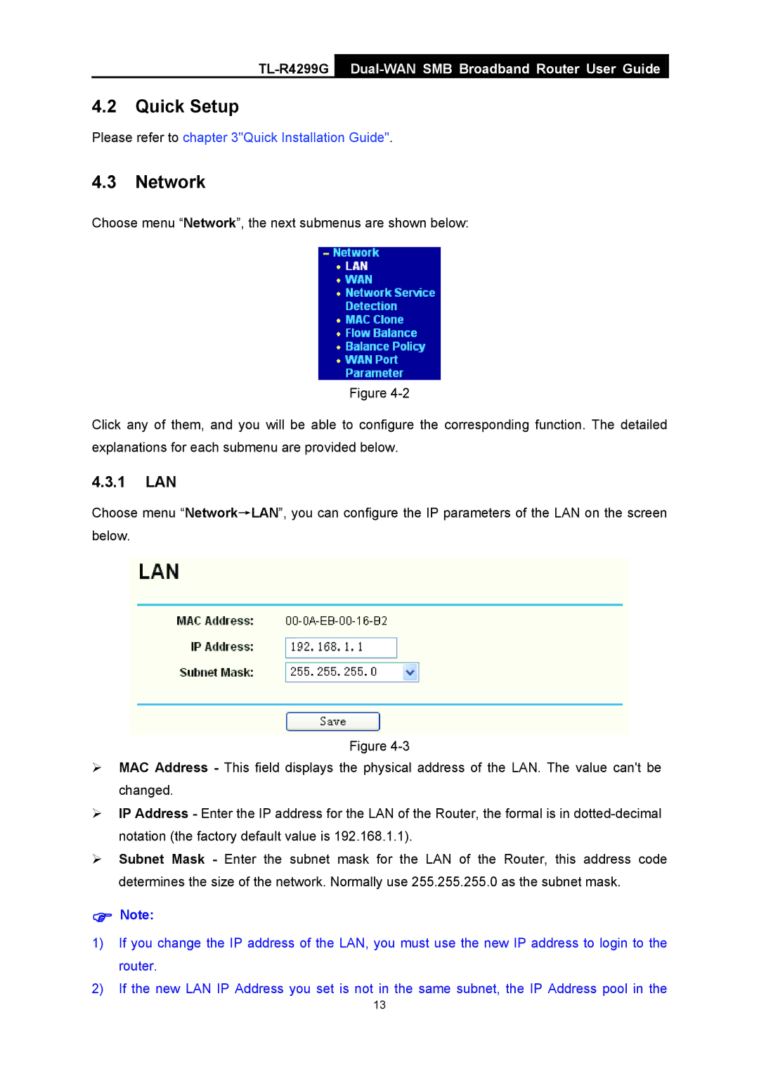 TP-Link TL-R4299G manual Quick Setup, Network, 1 LAN 