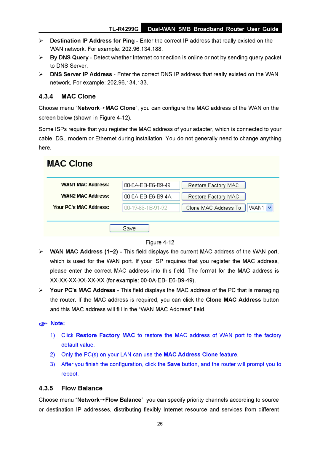 TP-Link TL-R4299G manual MAC Clone, Flow Balance 