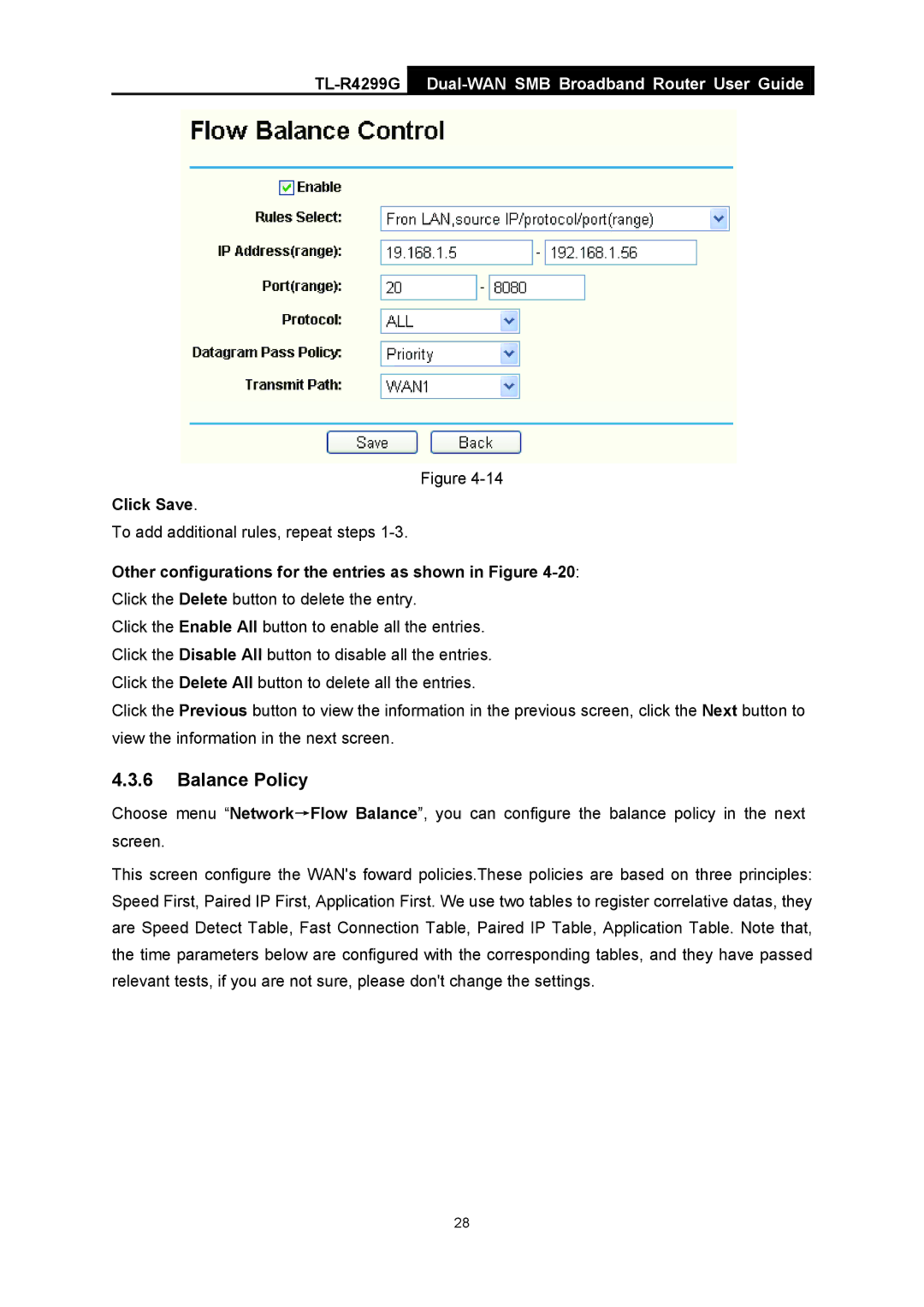 TP-Link TL-R4299G manual Balance Policy, Click Save, Other configurations for the entries as shown in Figure 