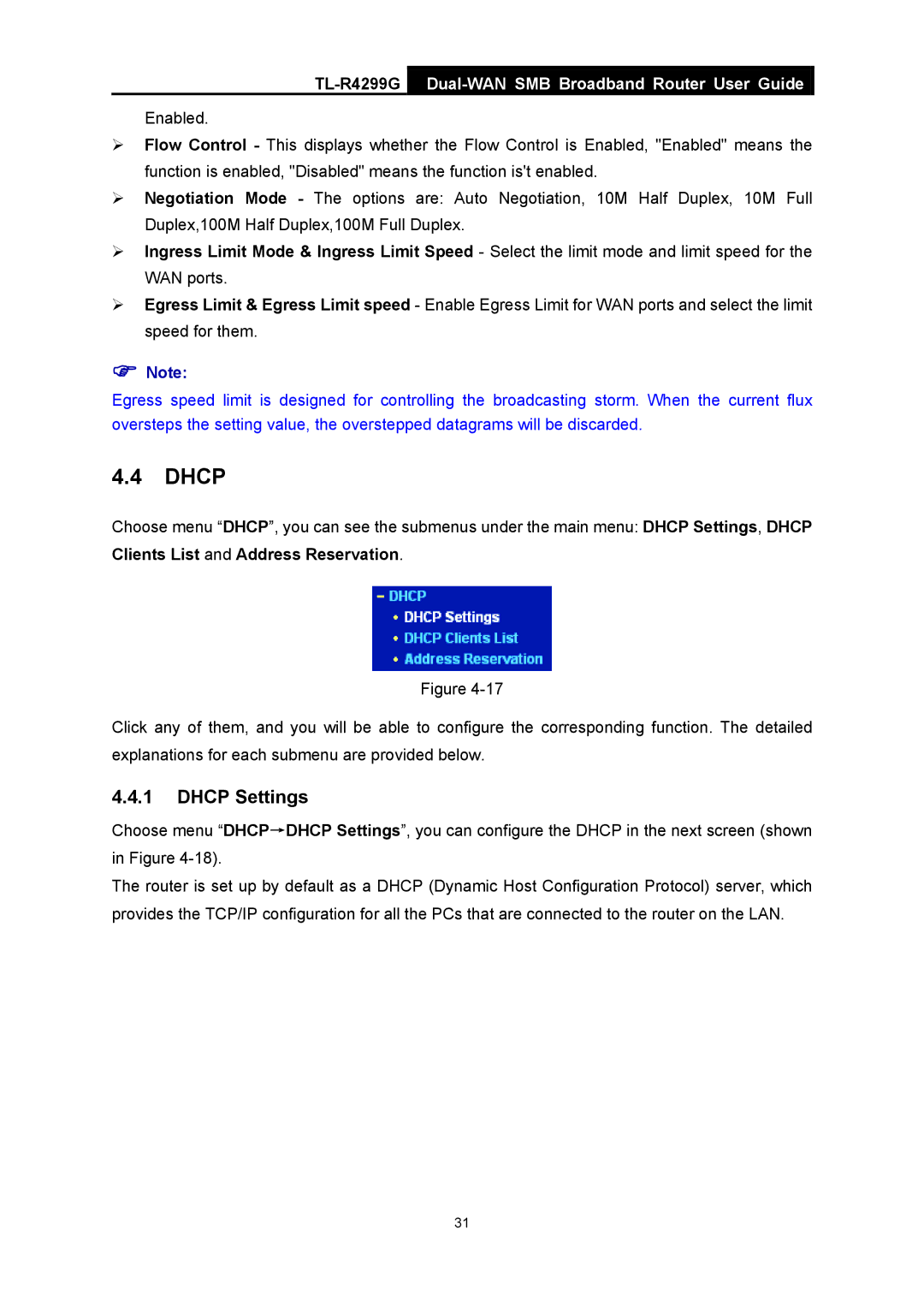 TP-Link TL-R4299G manual Dhcp Settings 