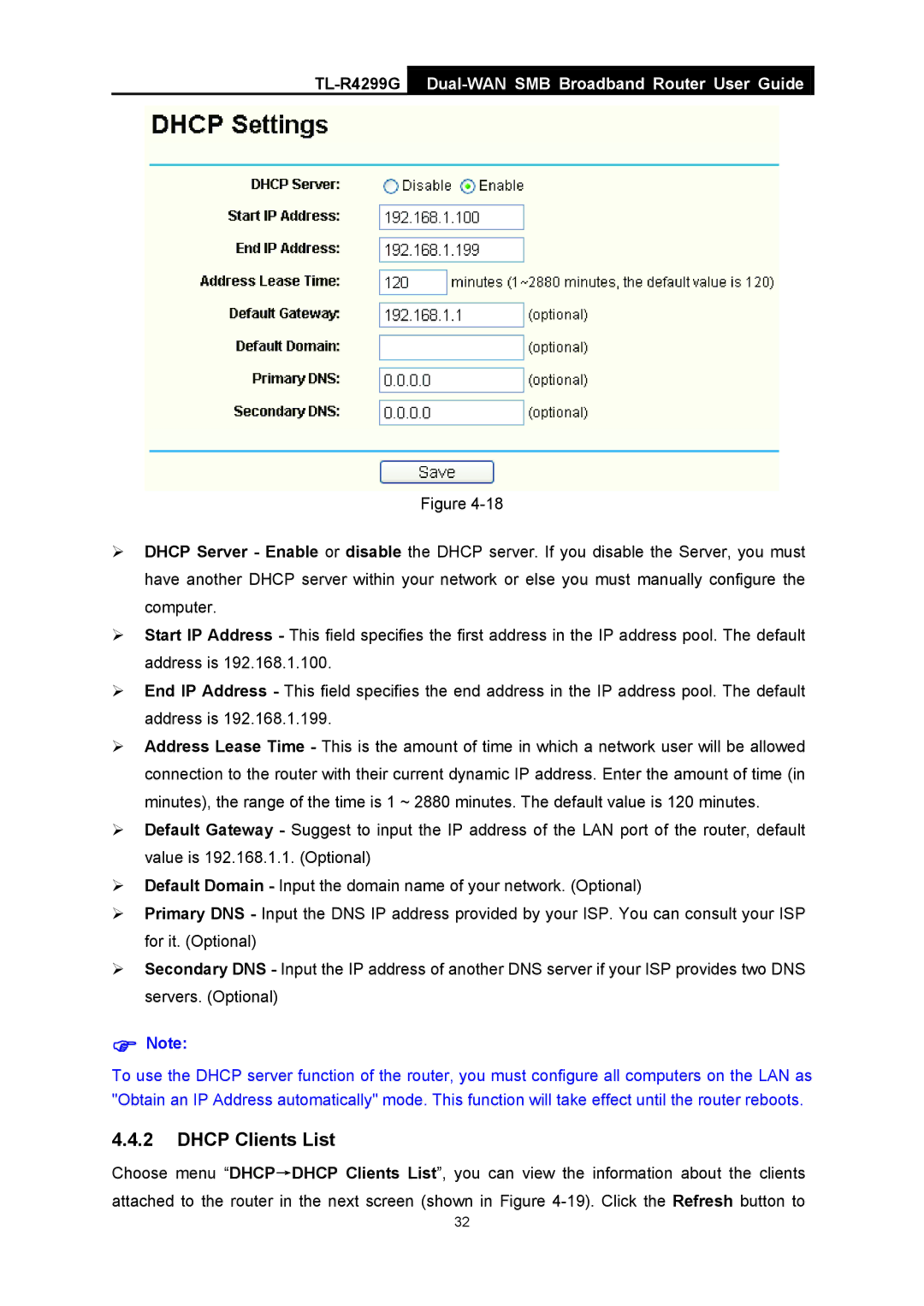 TP-Link TL-R4299G manual Dhcp Clients List 