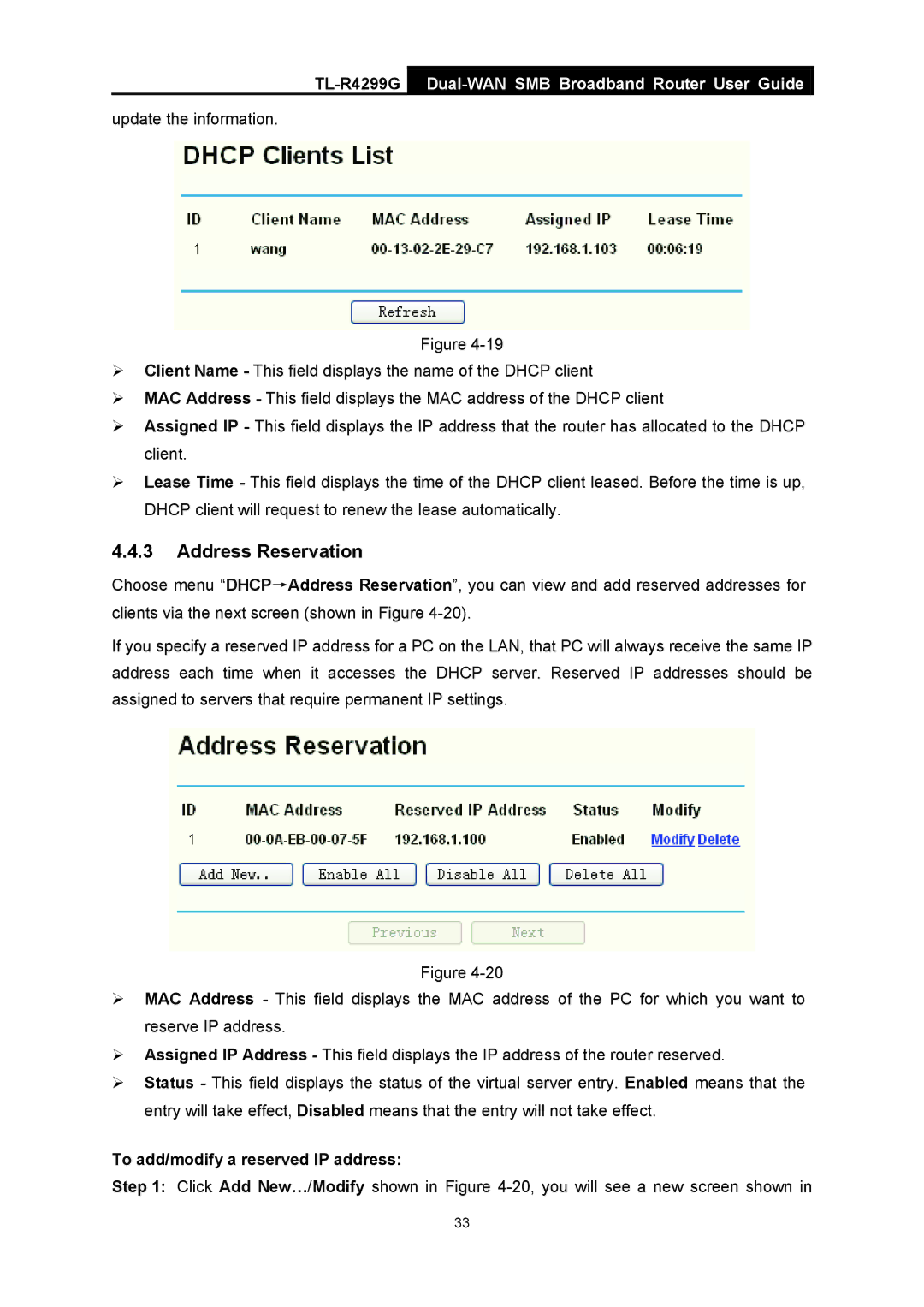 TP-Link TL-R4299G manual Address Reservation, To add/modify a reserved IP address 