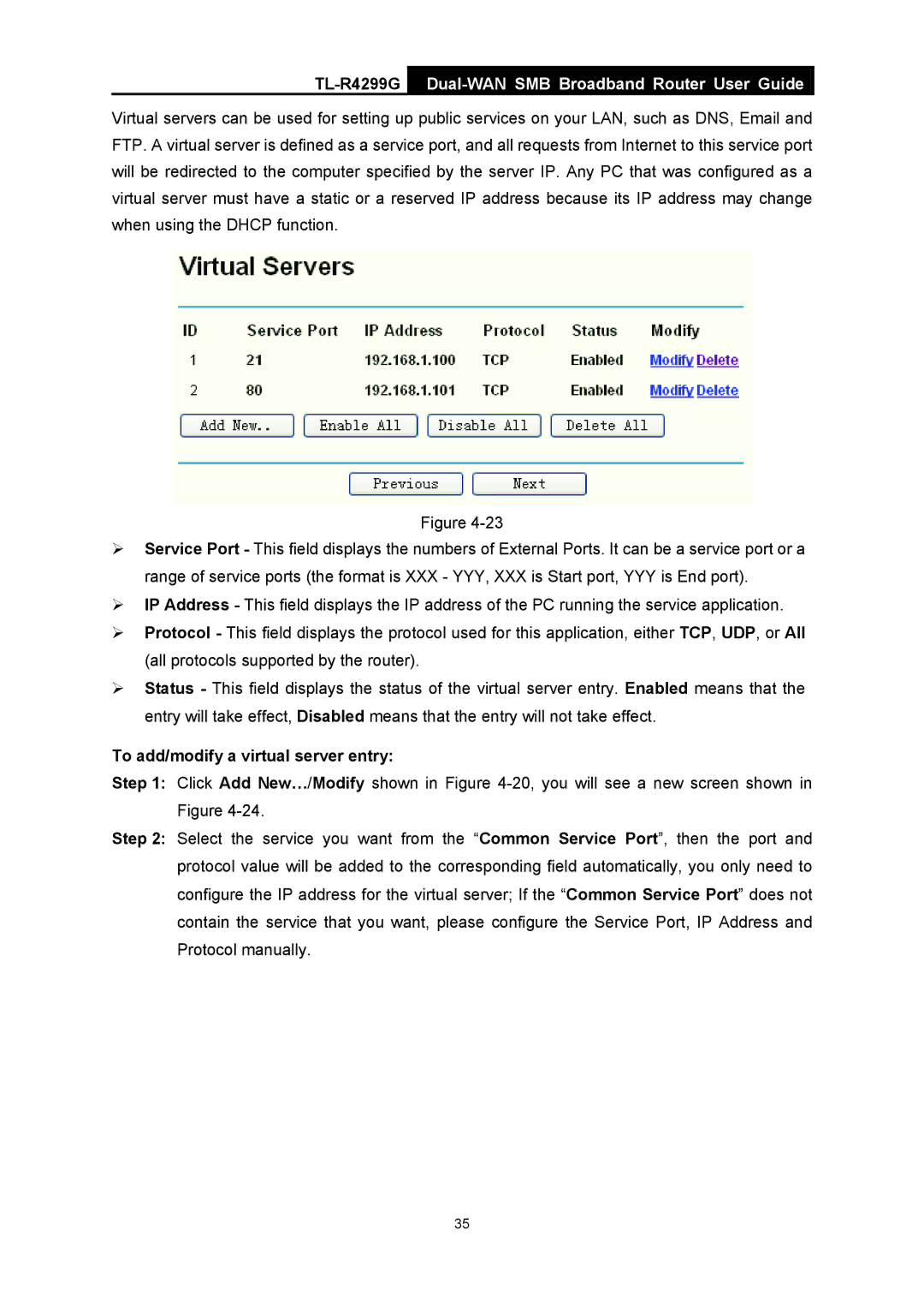 TP-Link TL-R4299G manual To add/modify a virtual server entry 