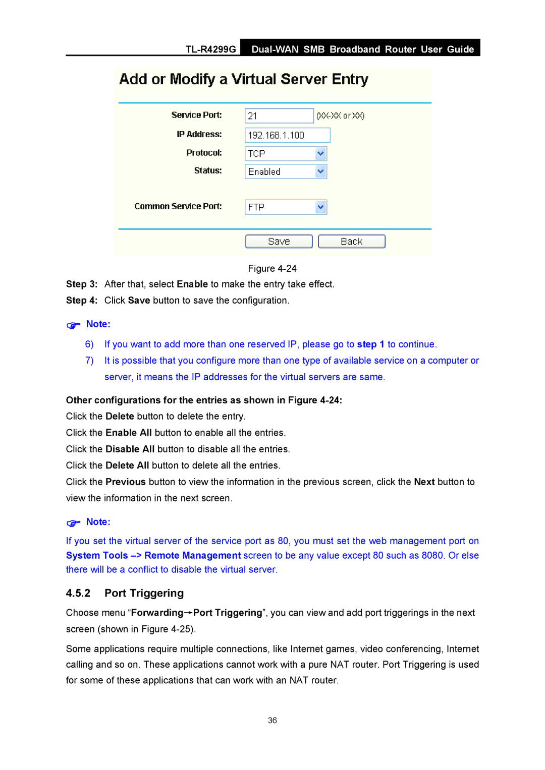 TP-Link TL-R4299G manual Port Triggering 