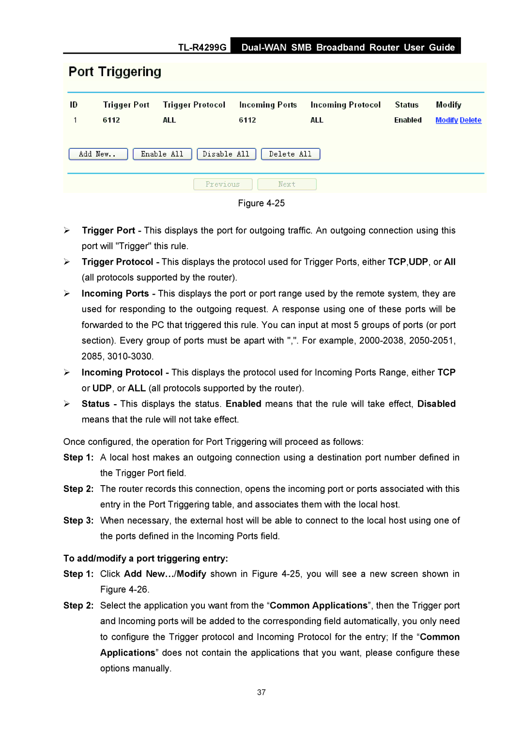 TP-Link TL-R4299G manual To add/modify a port triggering entry 