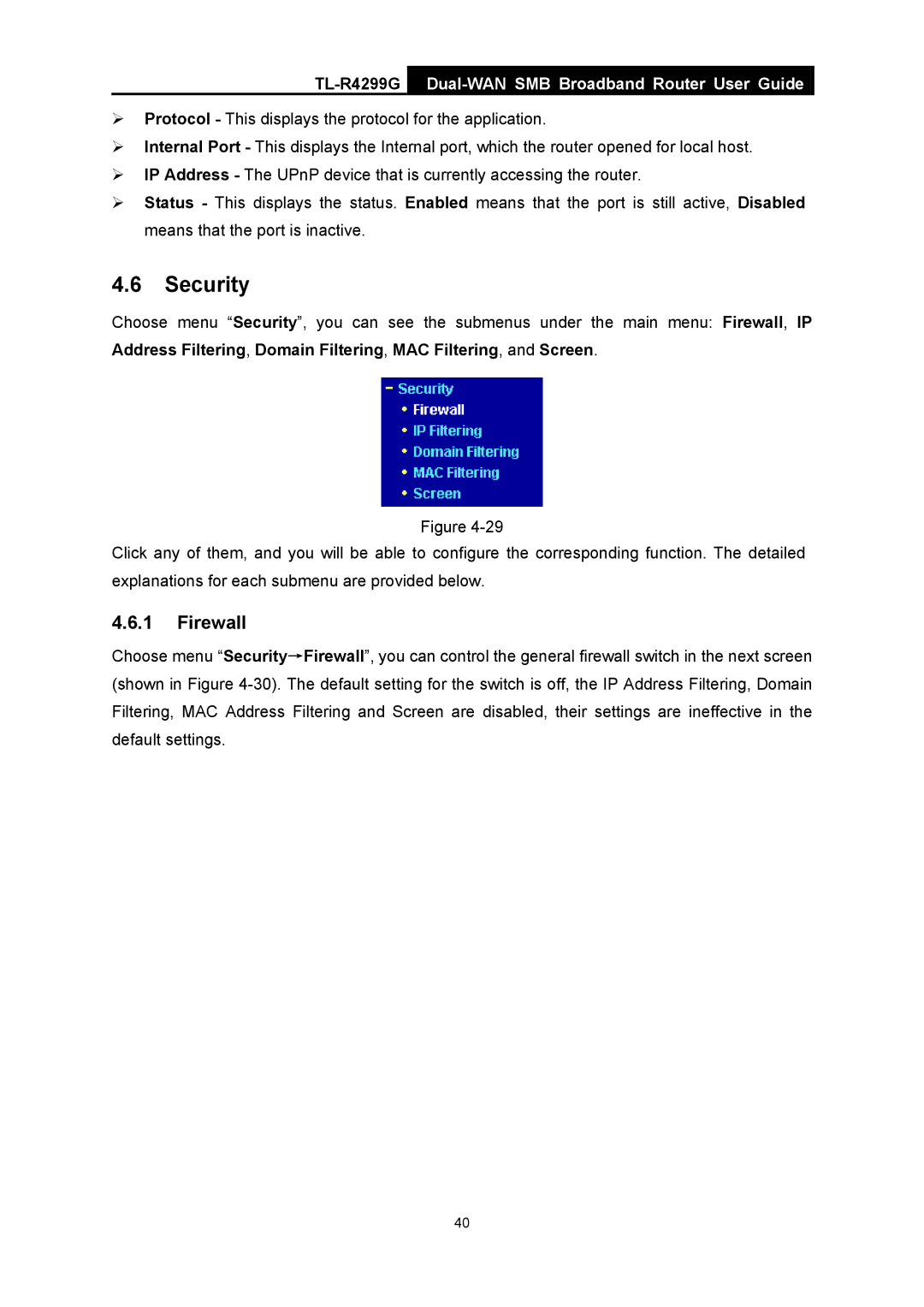 TP-Link TL-R4299G manual Security, Firewall 
