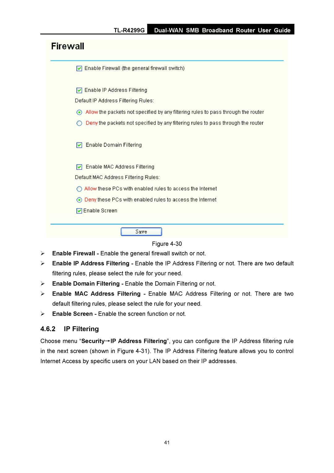 TP-Link TL-R4299G manual IP Filtering 