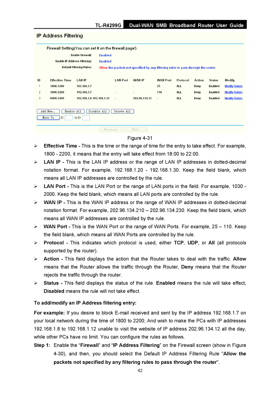 TP-Link TL-R4299G manual To add/modify an IP Address filtering entry 