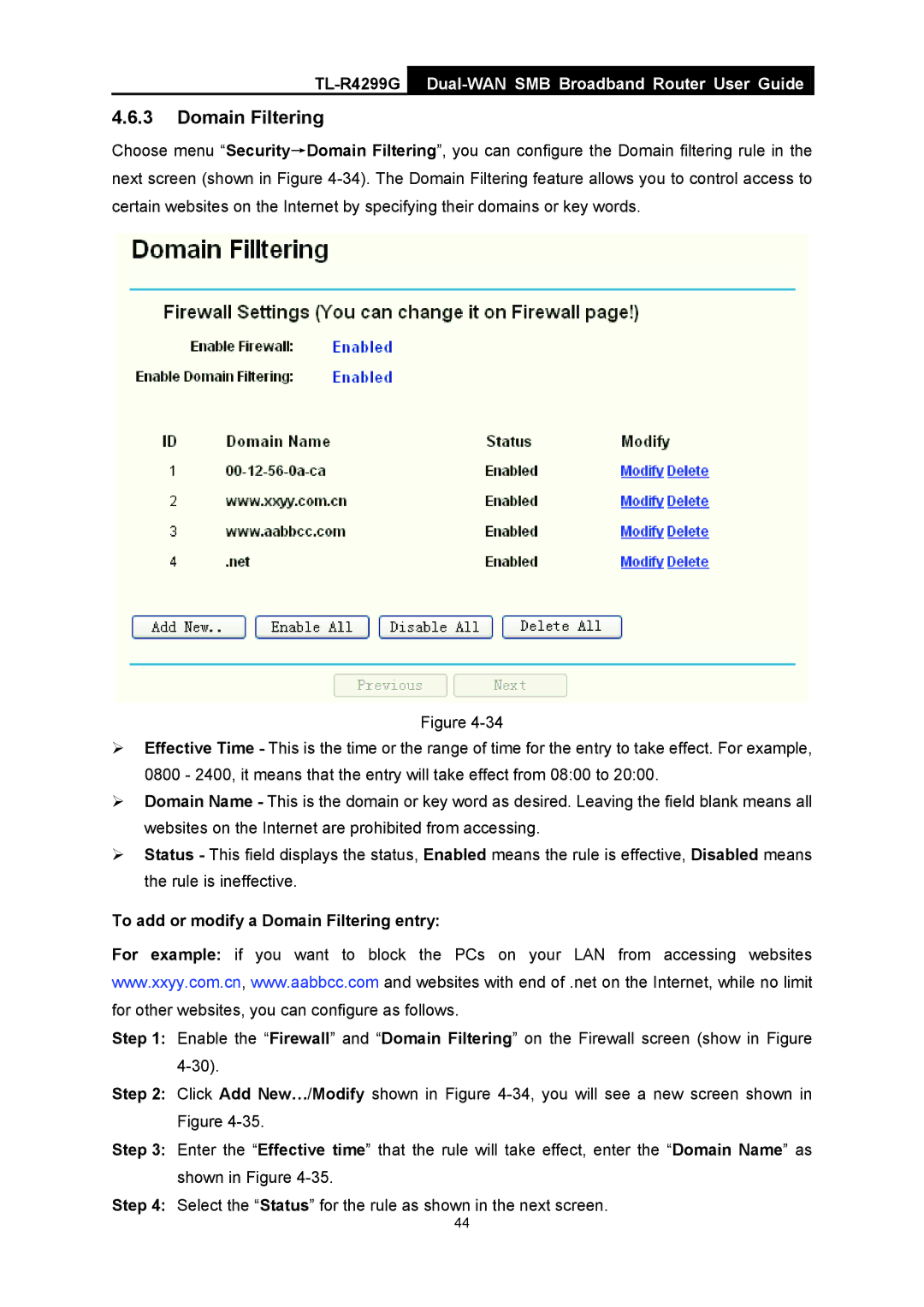 TP-Link TL-R4299G manual To add or modify a Domain Filtering entry 