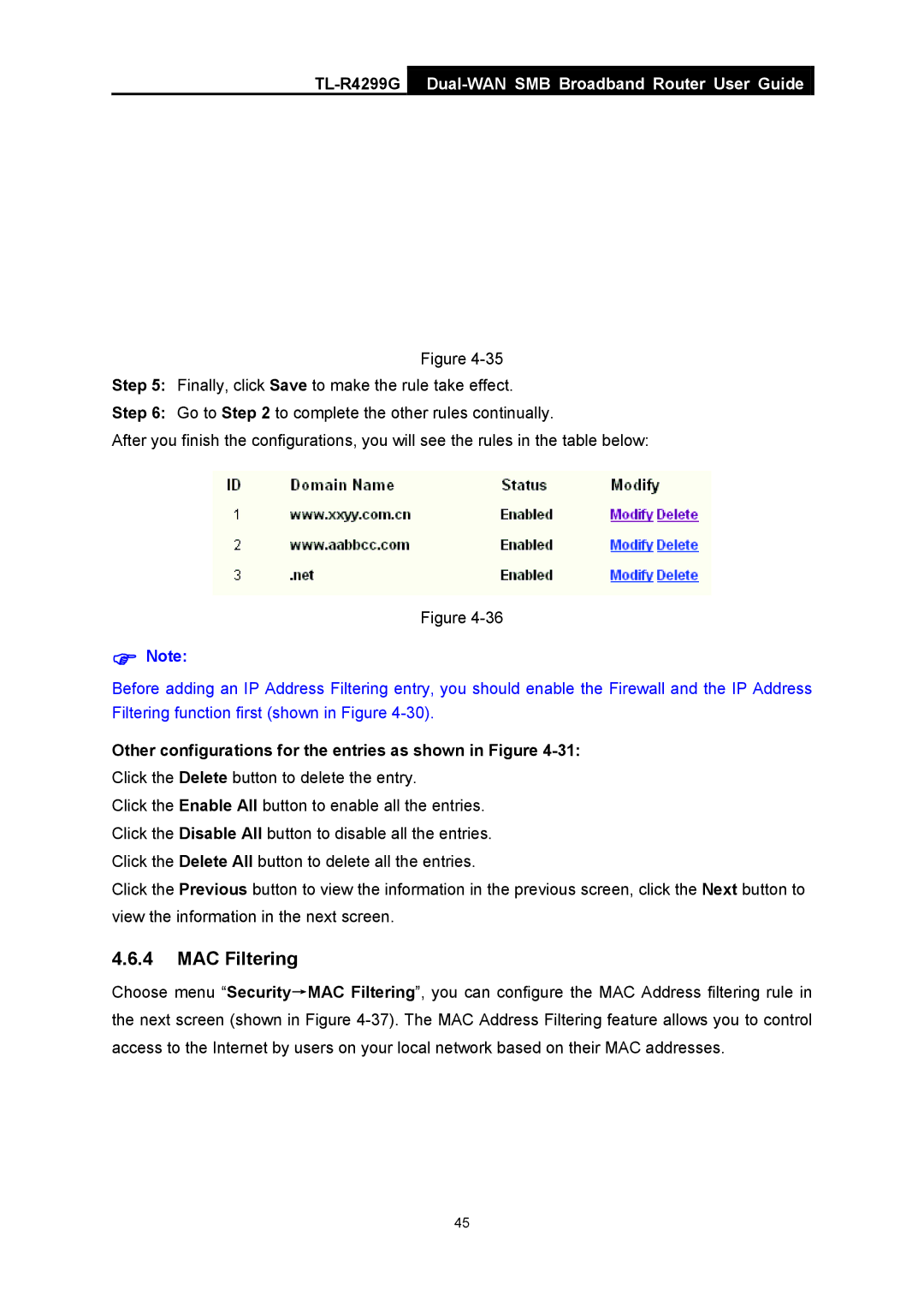 TP-Link TL-R4299G manual MAC Filtering 