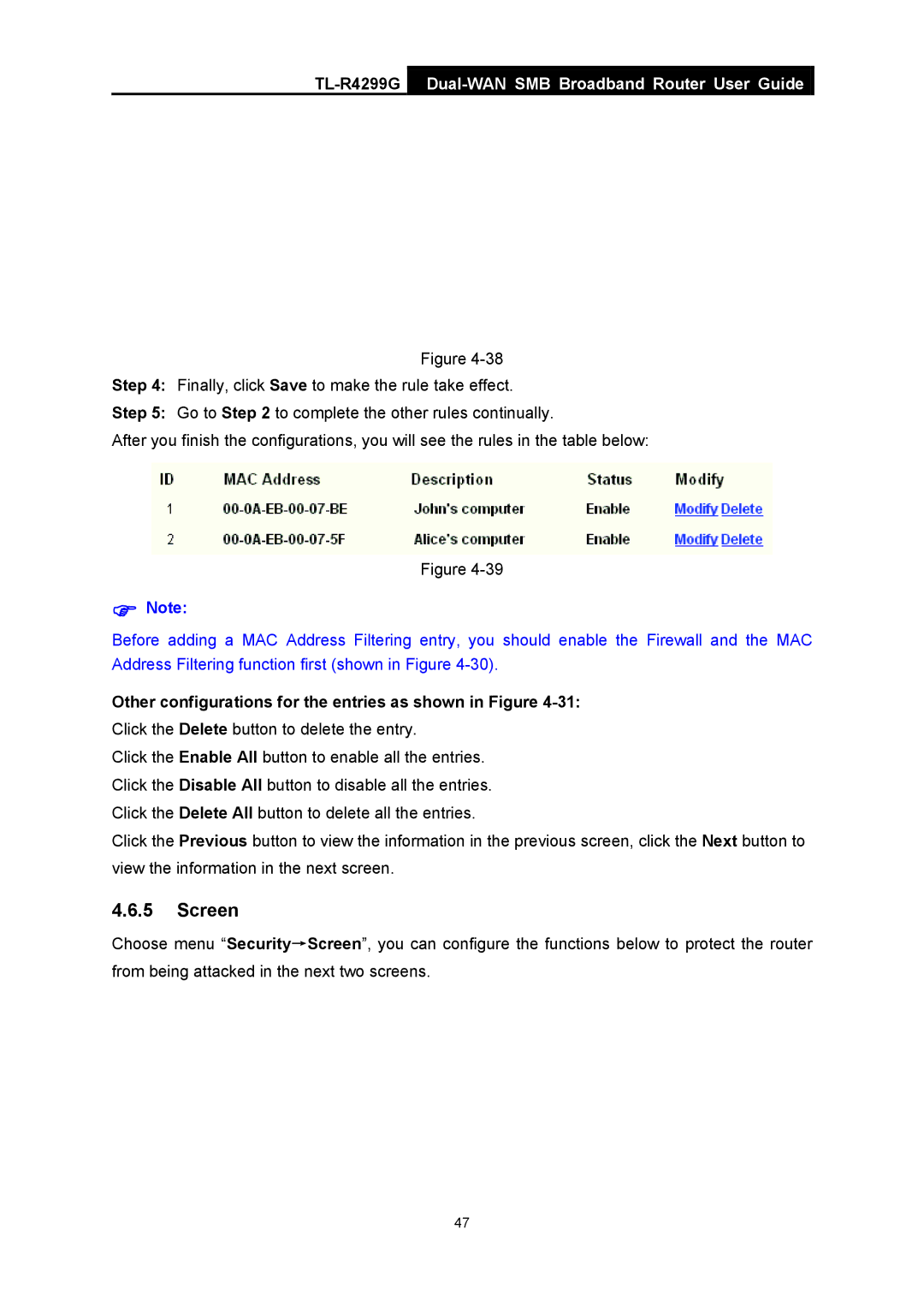 TP-Link TL-R4299G manual Screen 