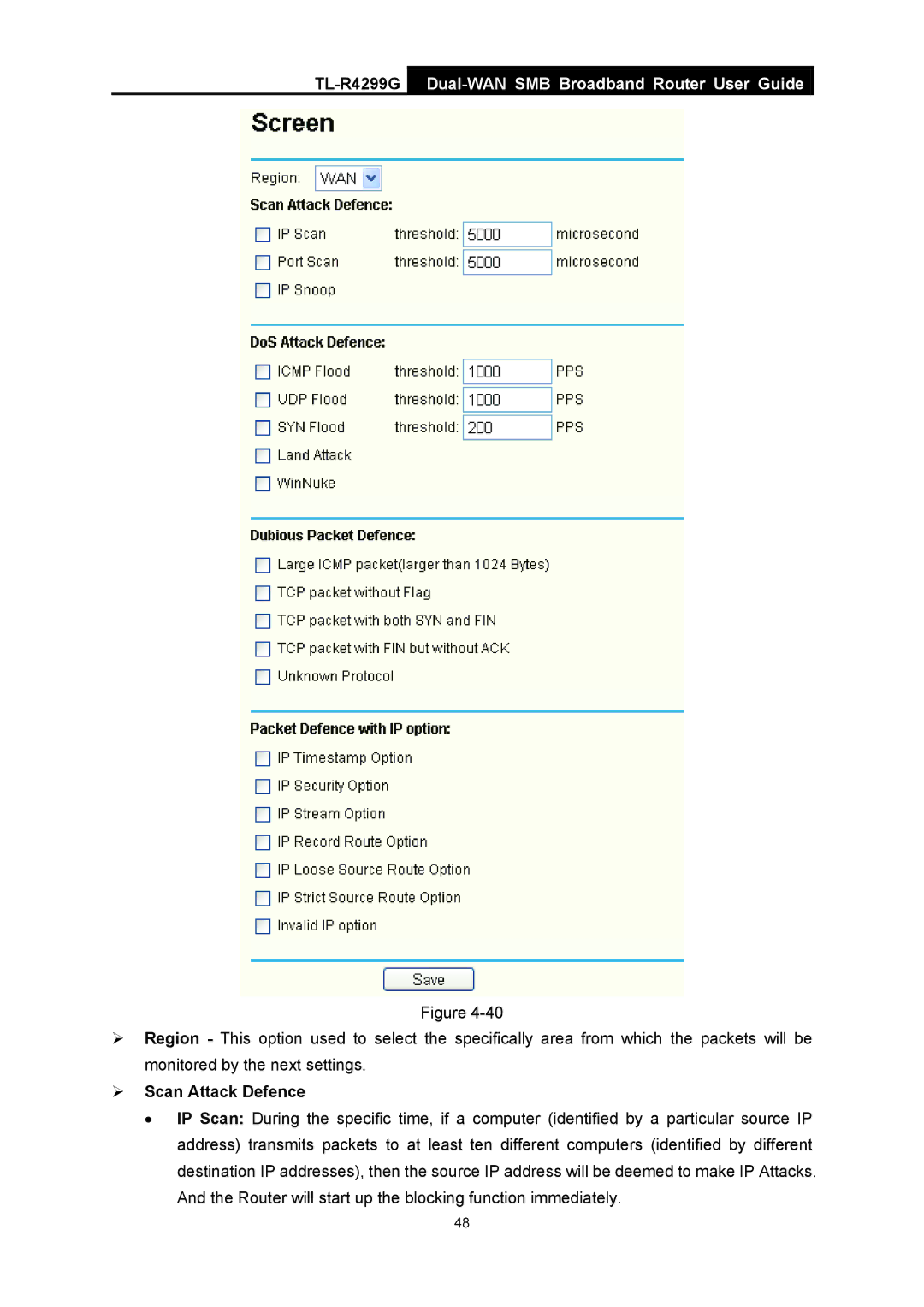 TP-Link TL-R4299G manual ¾ Scan Attack Defence 