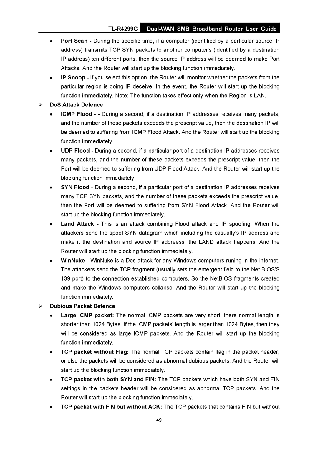 TP-Link TL-R4299G manual ¾ DoS Attack Defence, ¾ Dubious Packet Defence 