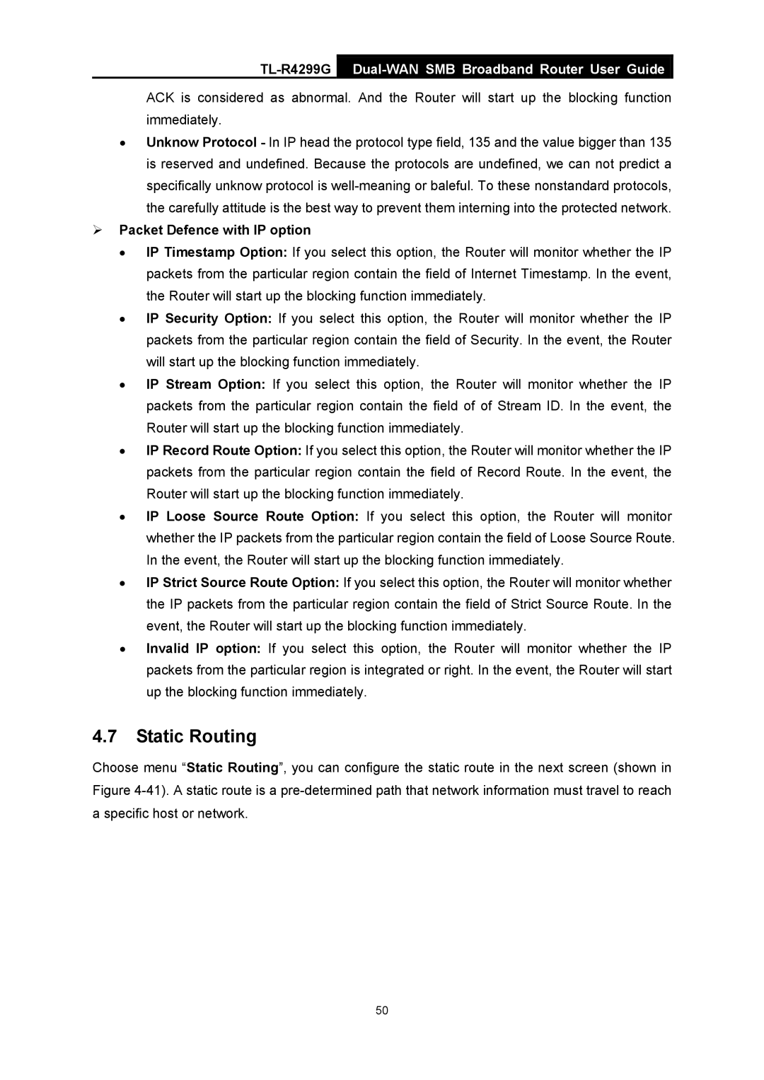 TP-Link TL-R4299G manual Static Routing, ¾ Packet Defence with IP option 