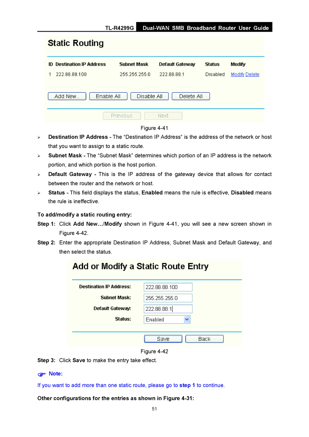 TP-Link TL-R4299G manual To add/modify a static routing entry 